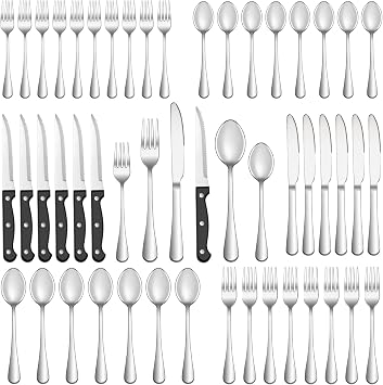 48 Pcs Silverware Set with Steak Knives for 8, Stainless Steel Flatware Set, Mirror Polished Cutlery Utensil Sets, Home Kitchen Eating Tableware Sets, Dishwasher Safe