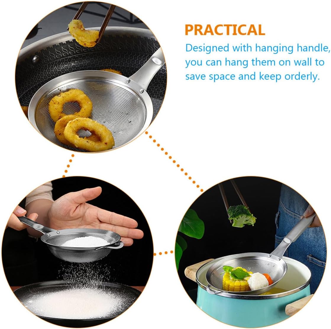 Stainless Steel Food Strainers 11cm 15cm Set, Professional Oil Strainer and Reusable Flour Colander with Ergonomic Mesh for Kitchen Cooking and Baking