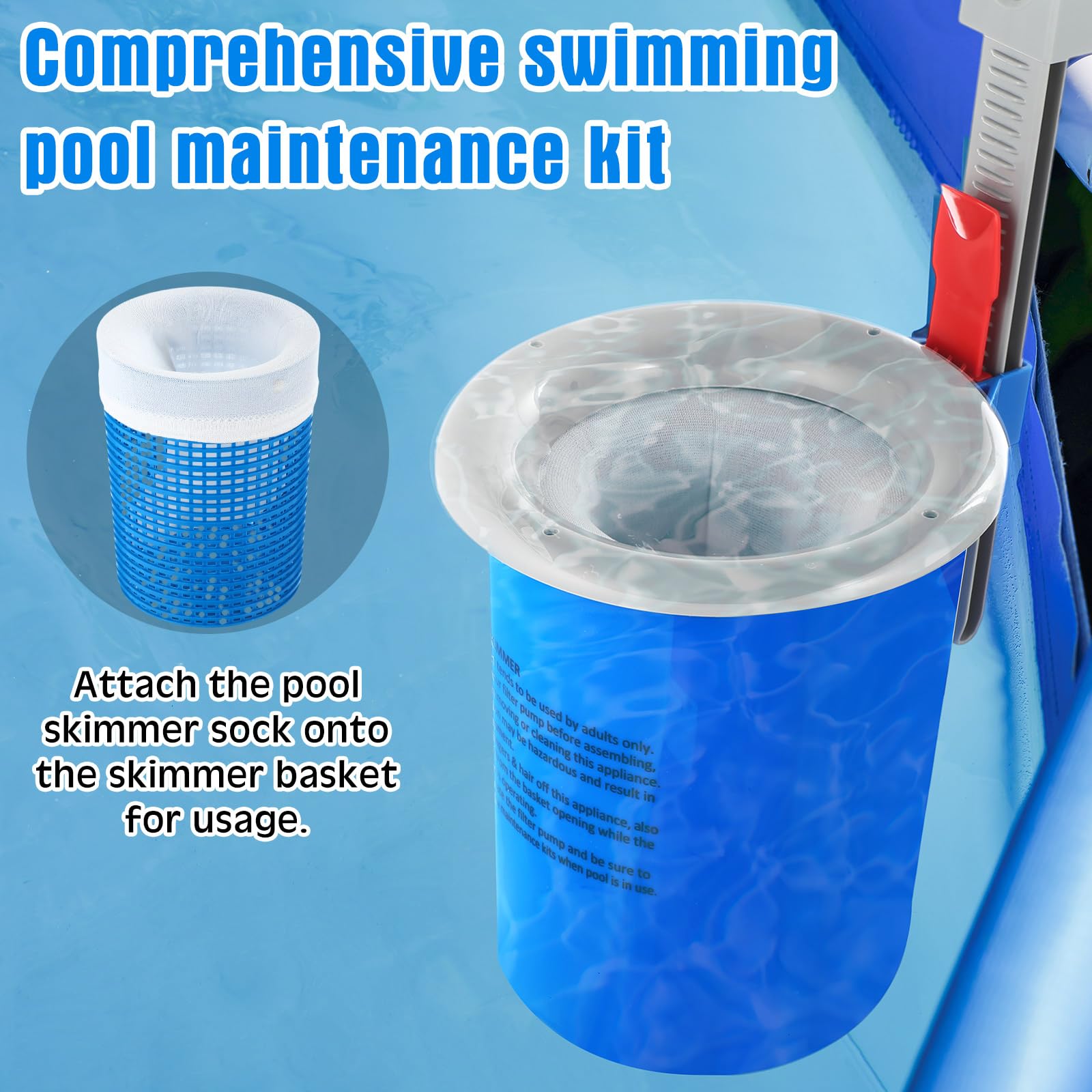 Tujoe Skimmer de superficie de piscina sobre el suelo con 30 calcetines de filtro de limpieza, skimmer de superficie de montaje en pared con manguera y cesta, se fija a collares inflables para el