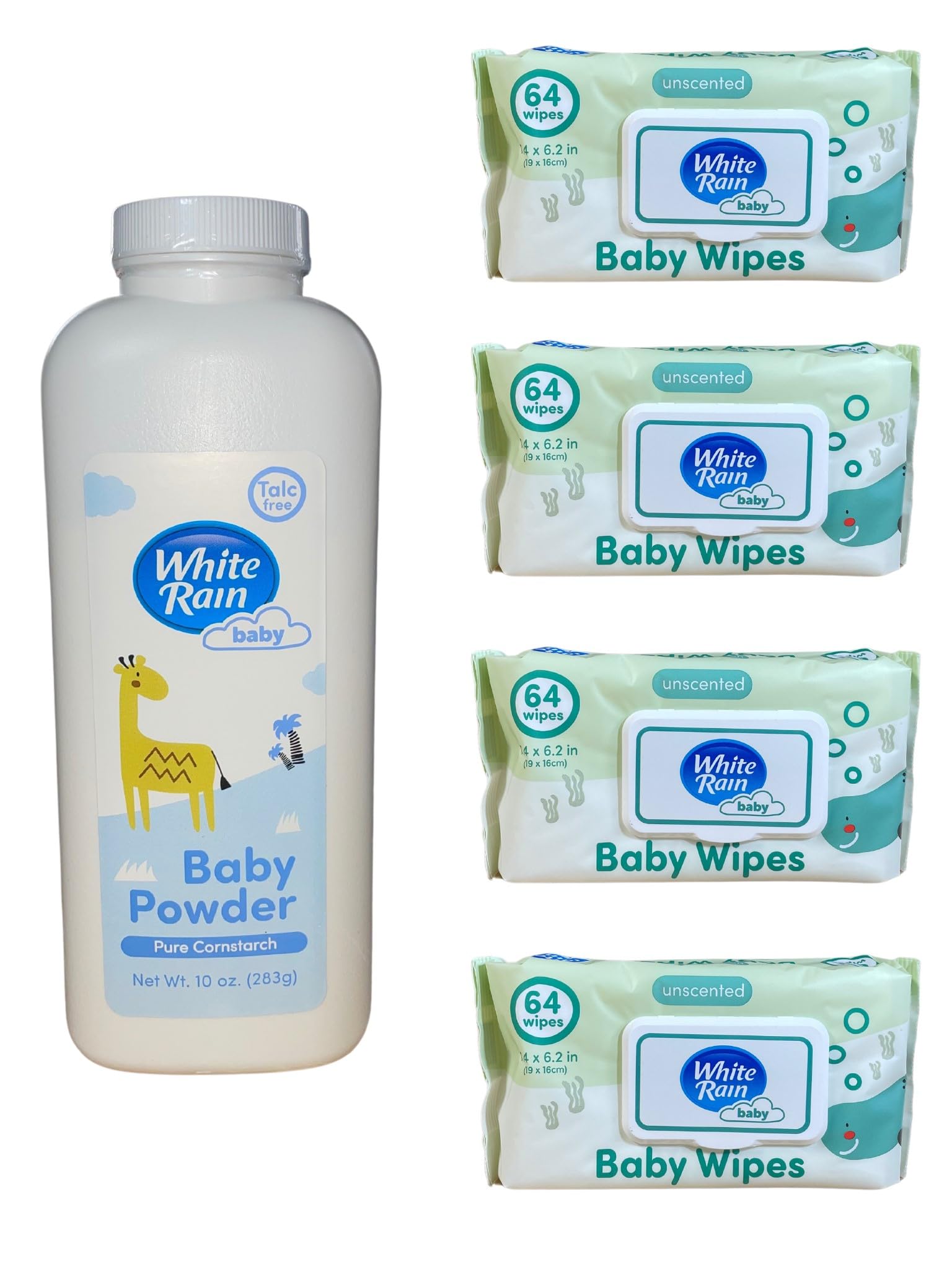 White Rain Baby Powder for Sensitive Skin Pure Cornstarch with Vitamin E BPA Talc and Paraben Free with Baby Wipes Hypoallergenic (1-20oz Baby Powder 4 Packs of 64 Wipes)