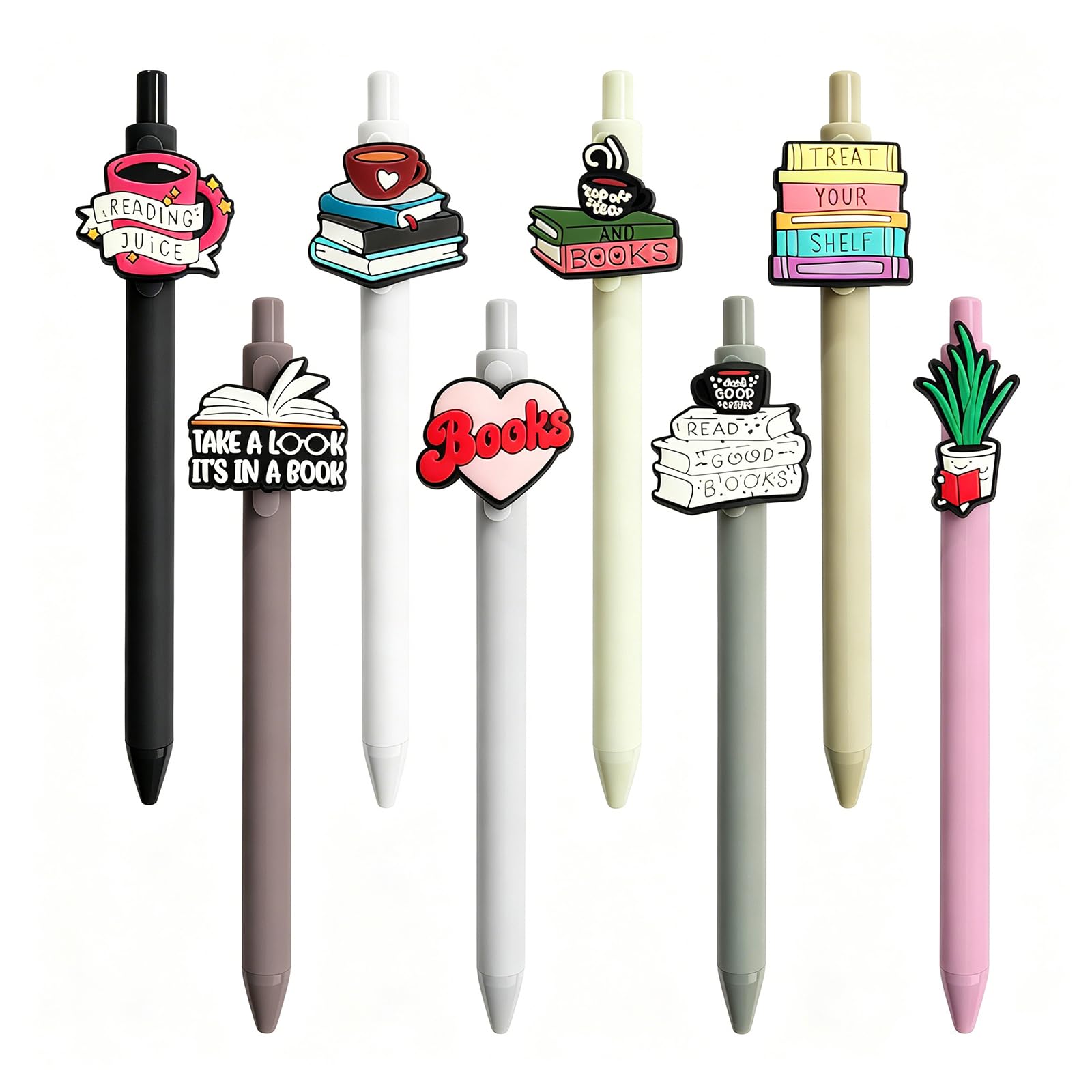 Velorin 8 PCS Book Lover Gifts Pens Set, Bookish Gifts Gel Pens for Writing, Smooth Black Ink Pen with Charm, Novelty Pens Set for Journaling Note Taking, Gift for Book Lovers
