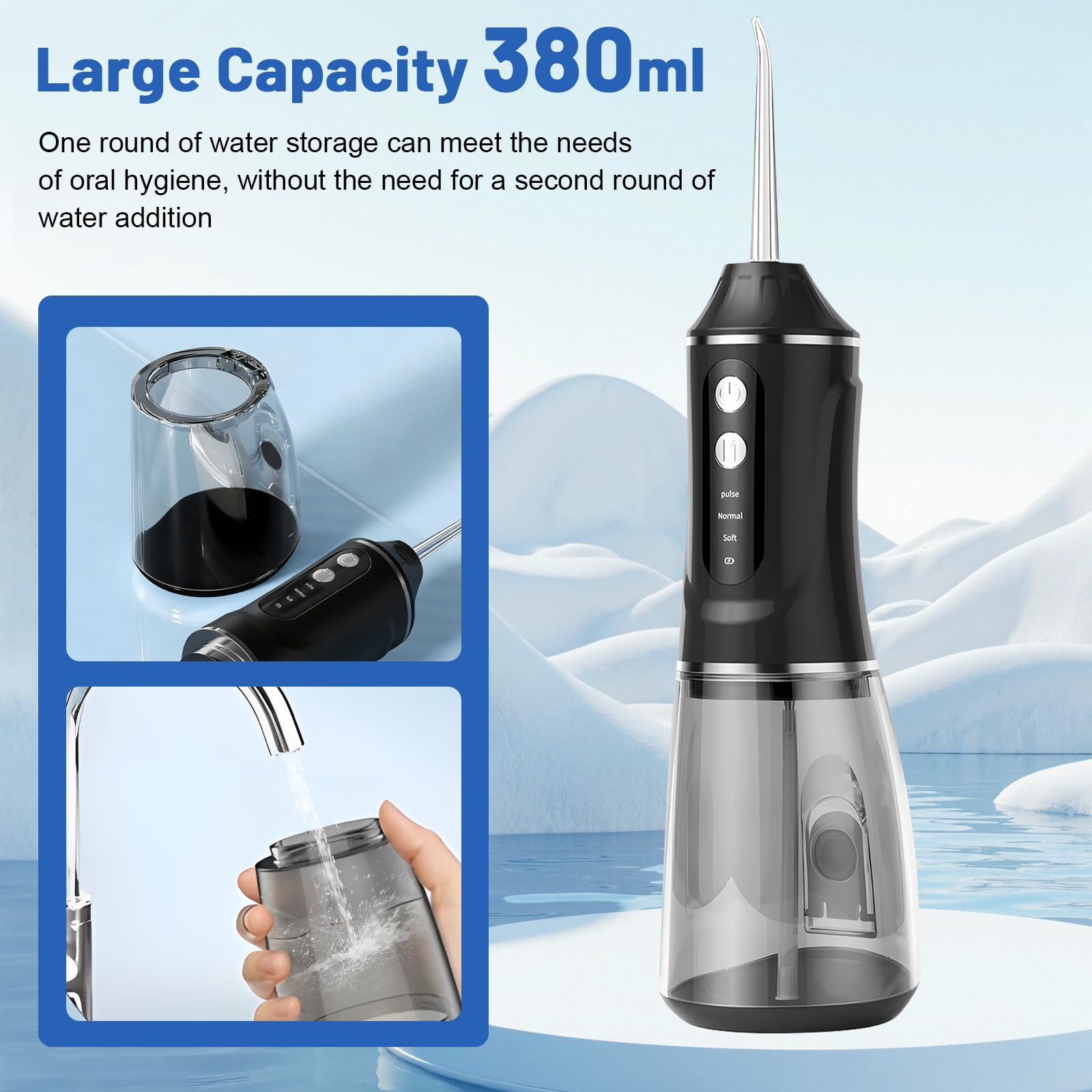 Idropulsore Dentale Oral,Irrigatore Orale,Idropulsore Dentale Portatile,Elettrico Oral Water,con 5 Modalità e 6 Beccucci,Serbatoio da 380ml,Impermeabile IPX7,per Uso Domestico e Viaggi(Nero)