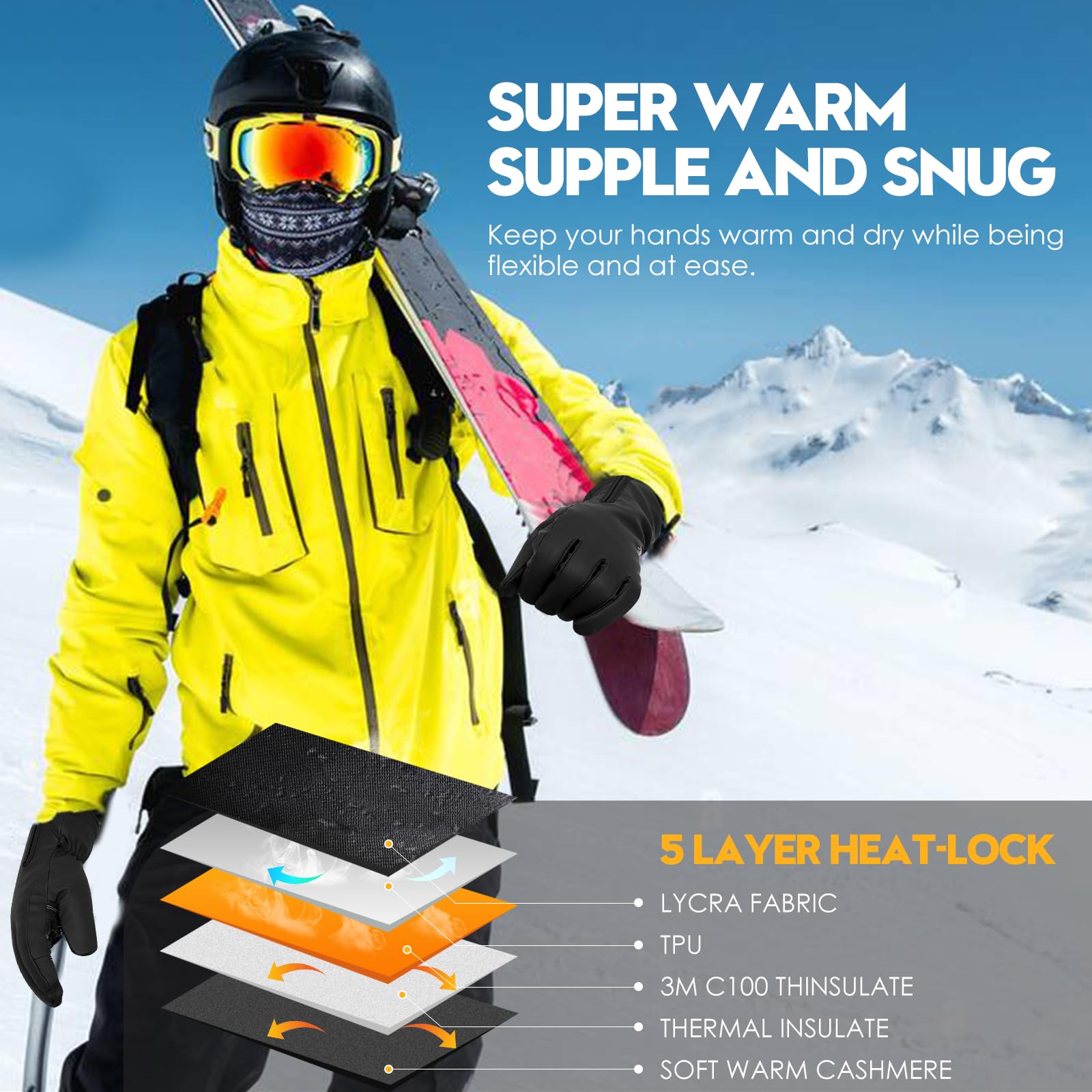 Bruvoalon Y322 - Guantes de invierno para hombres y mujeres, pantalla táctil de -34.4 °C, 5 capas de aislamiento térmico, resistentes al viento, antideslizantes, guantes de esquí