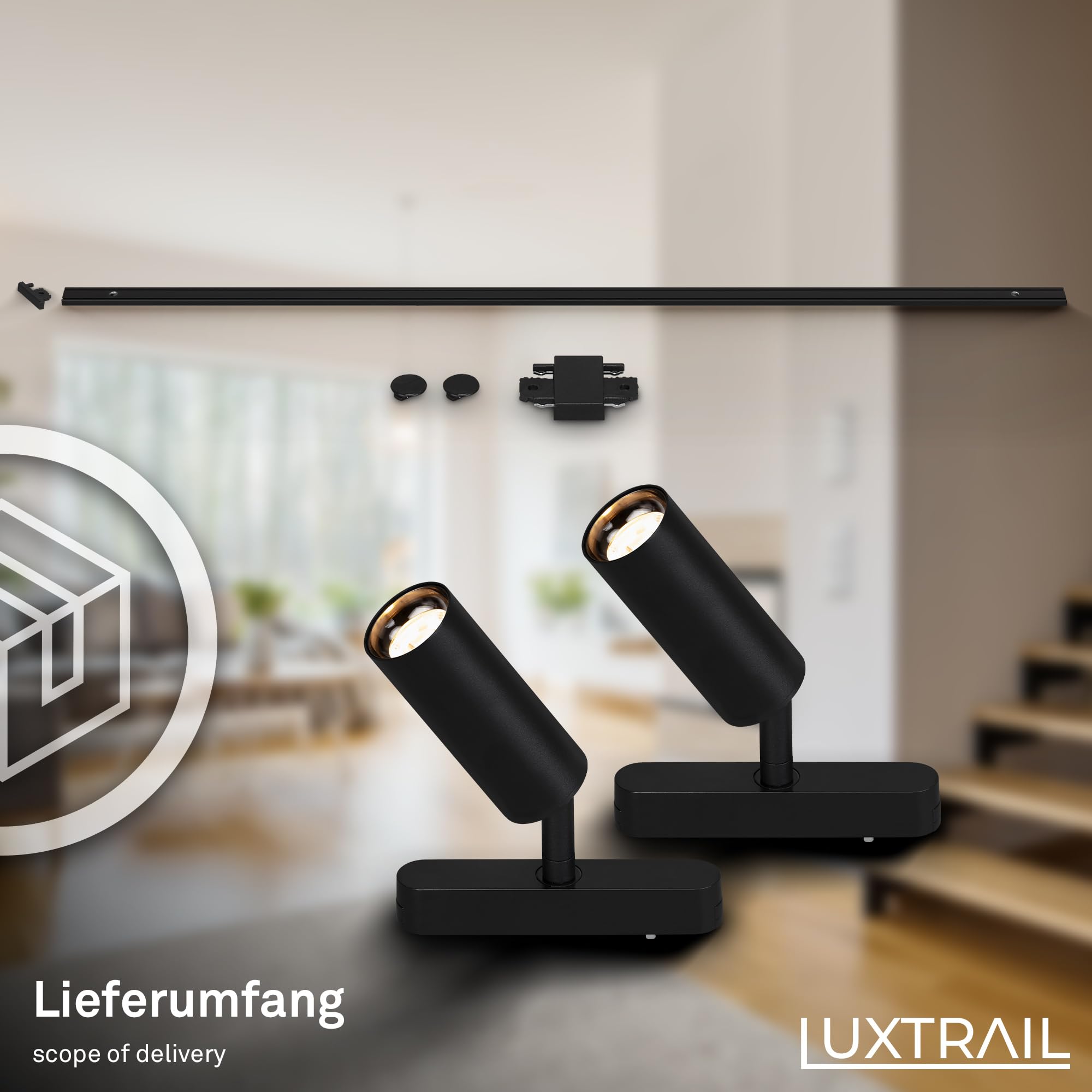 BRILONER - Sistema de carriles Luxtrail set de prolongación, 2x LED spots, extensible, orientable, lámparas, sistema de carriles techo, carril proyector, 1m, negro