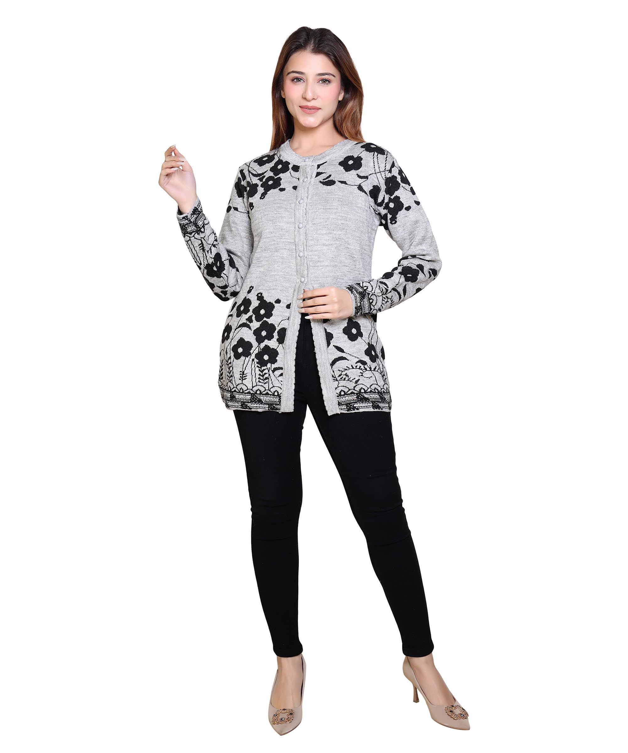 grand line Women Sweater for Winter Woolen Acrylic Full Sleeves Round Neck Floral Design Stylish Cardigan Sweater for Winter Season |Grey01, L-picture-44