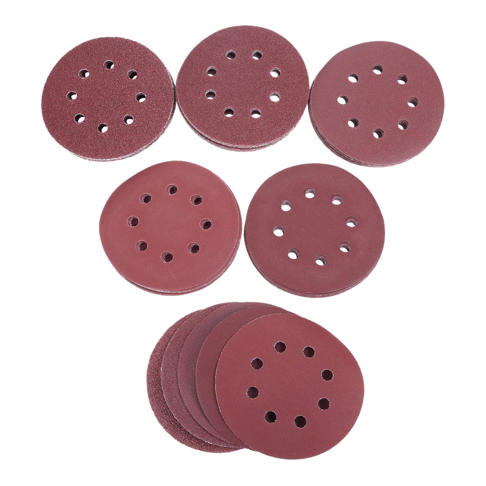 Papel de lija de lijadora 50pcs 5 pulgadas 125mm Ronda Discos de lijado pulido Hoja de papel de lija 8 Agujero de molienda for pulir 40-600 herramienta abrasiva Grit