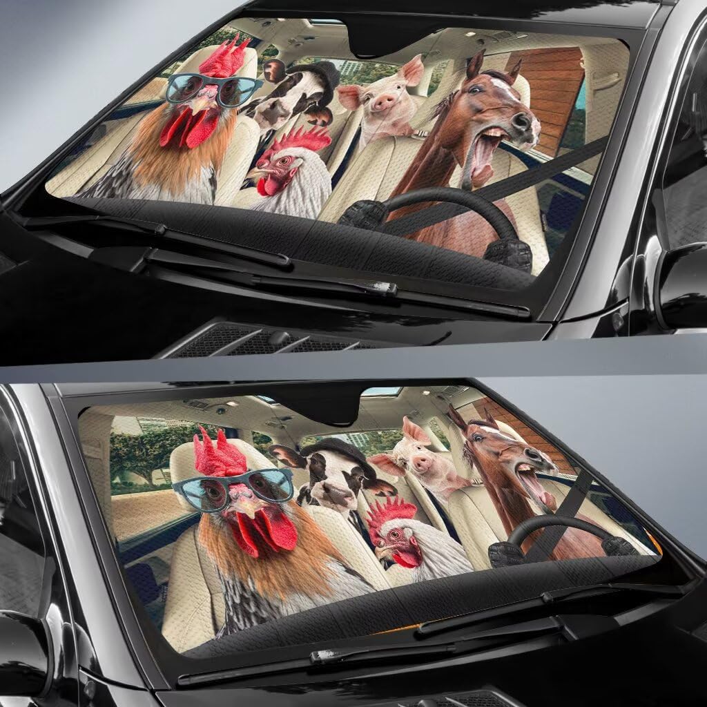 Funny Farm Animal Auto Windshield Sun Shade Front Window Sunshade, Horse Driver Car Foldable Sun Visor Protector, Chicken Pig Cow Sunshade for Car Truck SUV to Keep Your Vehicle Cool