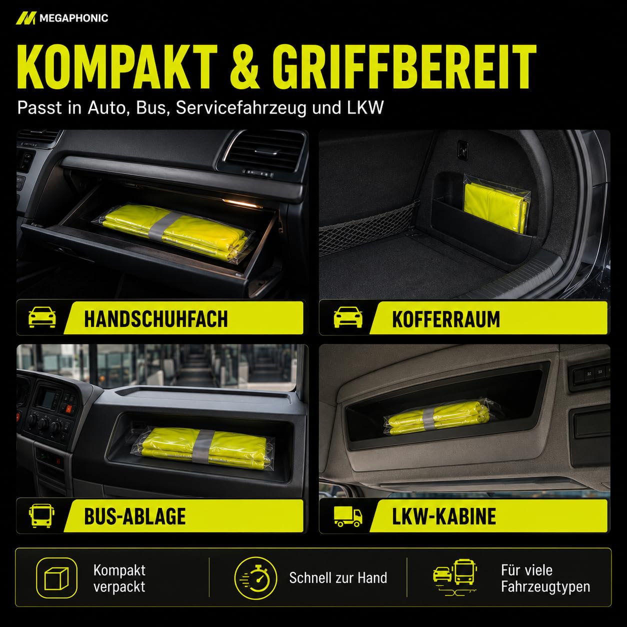 MEGAPHONIC Warnwesten Auto – Reflektierende Auto Warnweste für Kfz, Panne, Notfall & Sicherheit, Warnweste Auto in verschiedenen Packungsgrößen