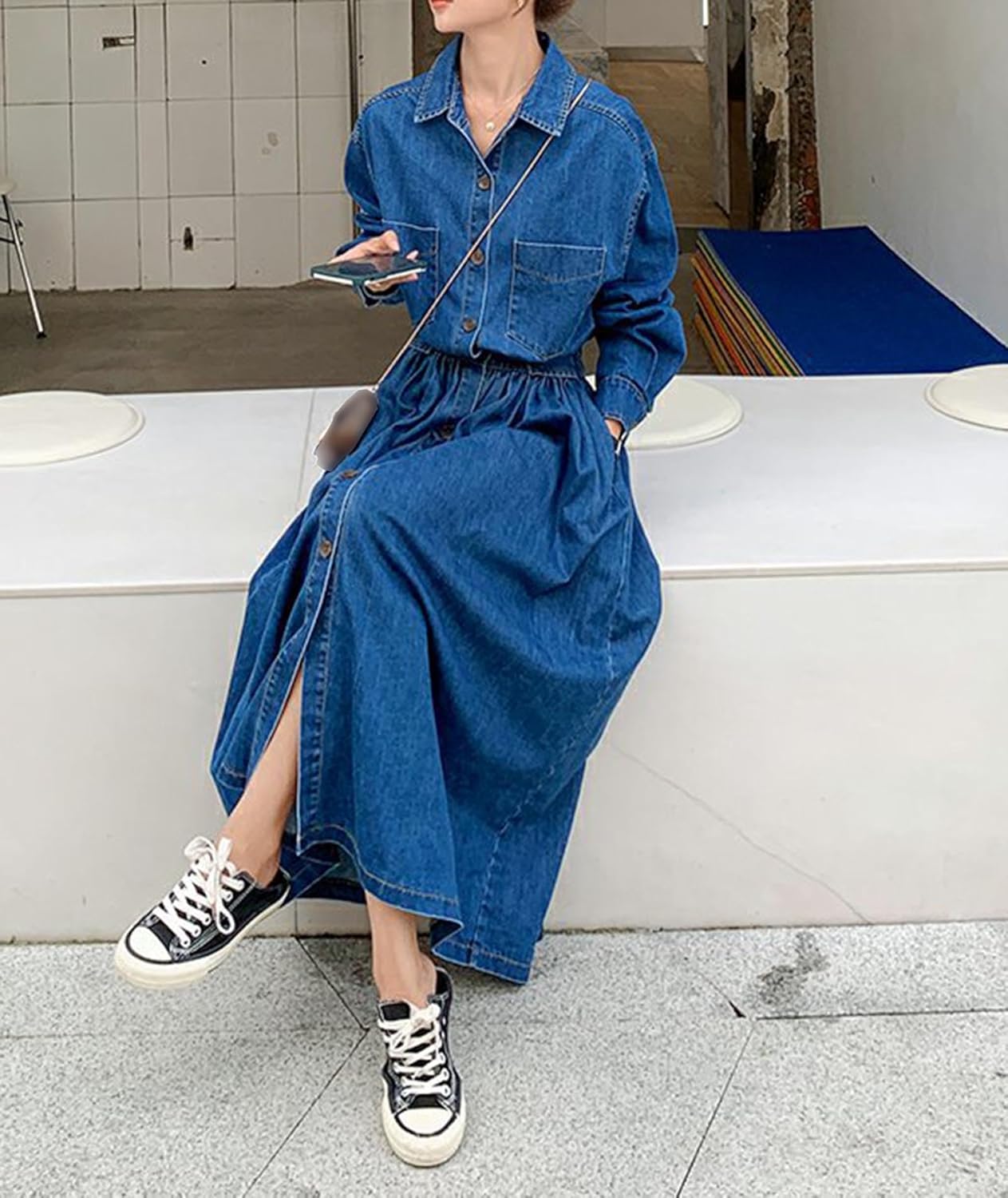 Sexyshine Women's Denim Dress Lapel Button Down Long Sleeve A Line Jeans Maxi Dress Plus Size Denim Shirt Dress with Pockets - Image 5