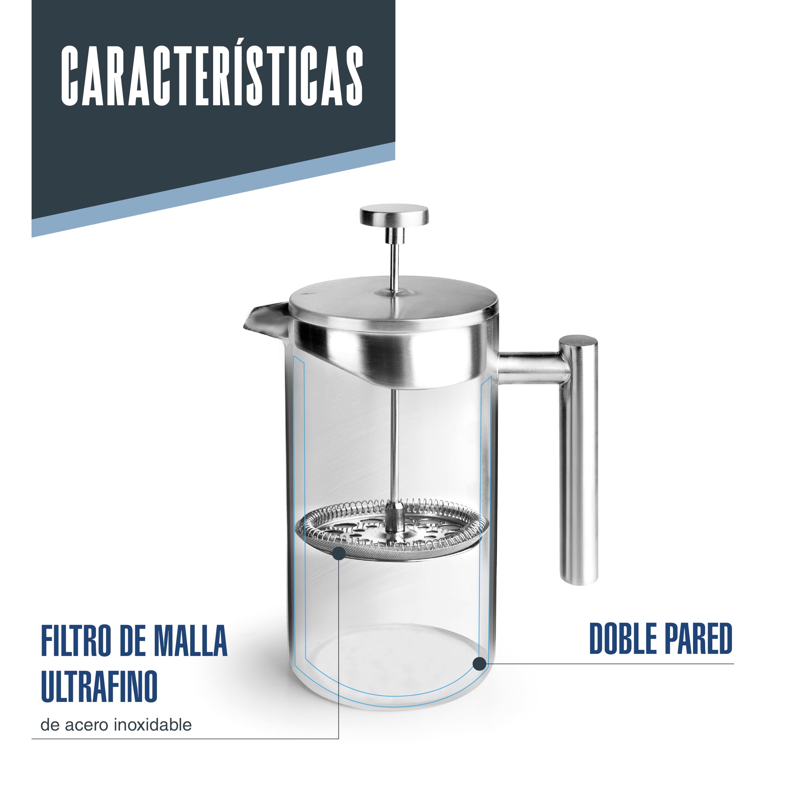 LACOR 62141 - Cafetera Francesa Manual, Doble Pared Acero Inoxidable | En acero inoxidable, para un café intenso en casa; doble pared aislante, agarre ergonómico, práctico y fácil de guardar