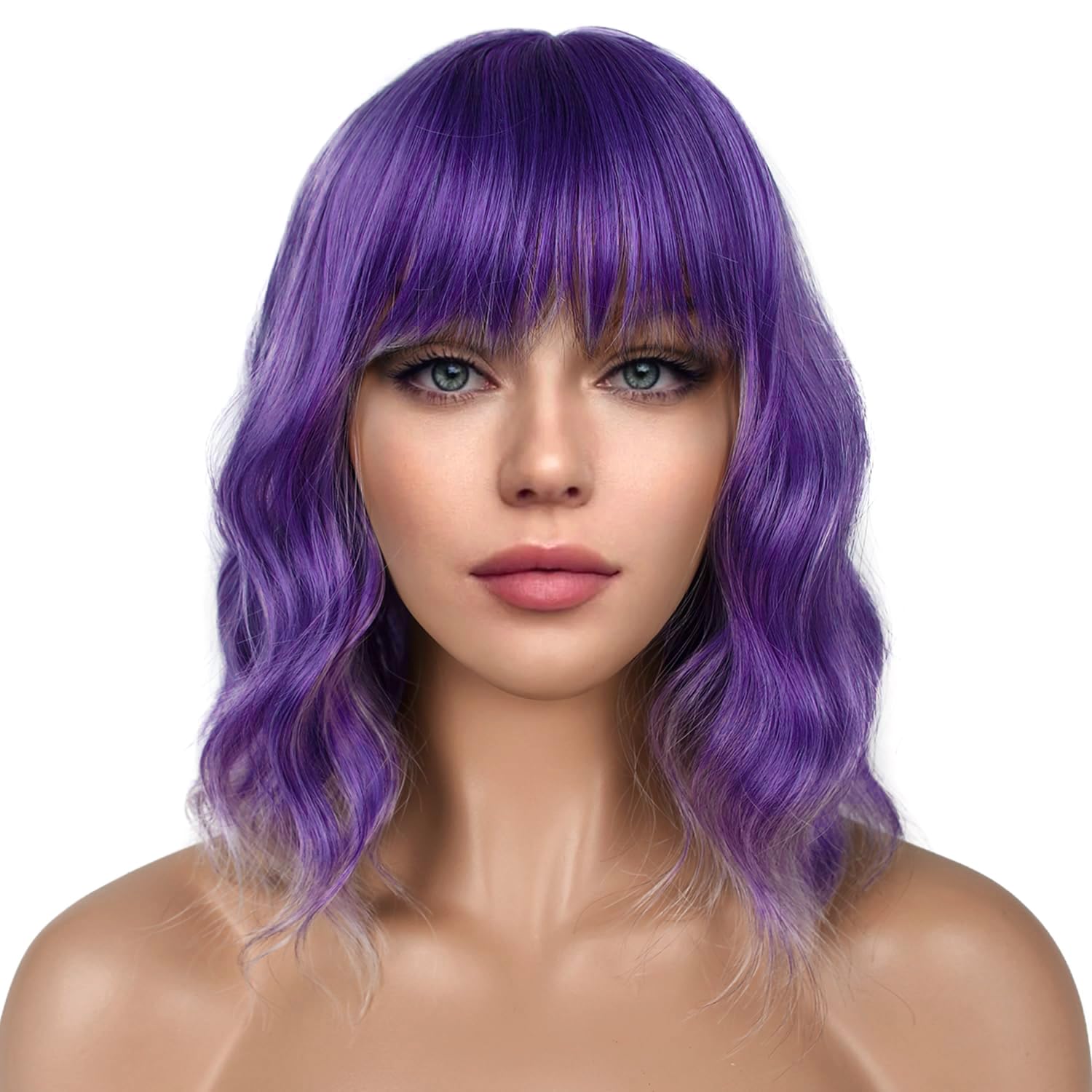 Colorfulpanda Short Bob Dark Purple Wigs for Women Shoulder Length Wavy Curly Wig with Fringe Natural Synthetic Heat Resistant Hair Wig Daily Party wig 14 Inch