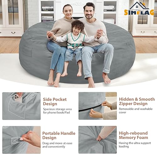 Miniatura 190 de Puf de 5 pies, puf grande con relleno de espuma viscoelástica, sofá puff esponjoso con funda de terciopelo holandés, puf redondo para sala de estar,