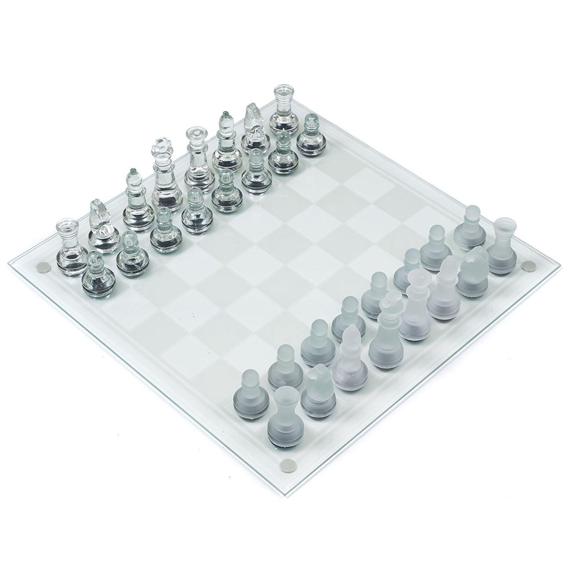 Elegante juego de ajedrez de cristal - cristal templado transparente y esmerilado, piezas con incrustaciones de franela resistente a los arañazos, bandeja a cuadros antideslizante, juego mental