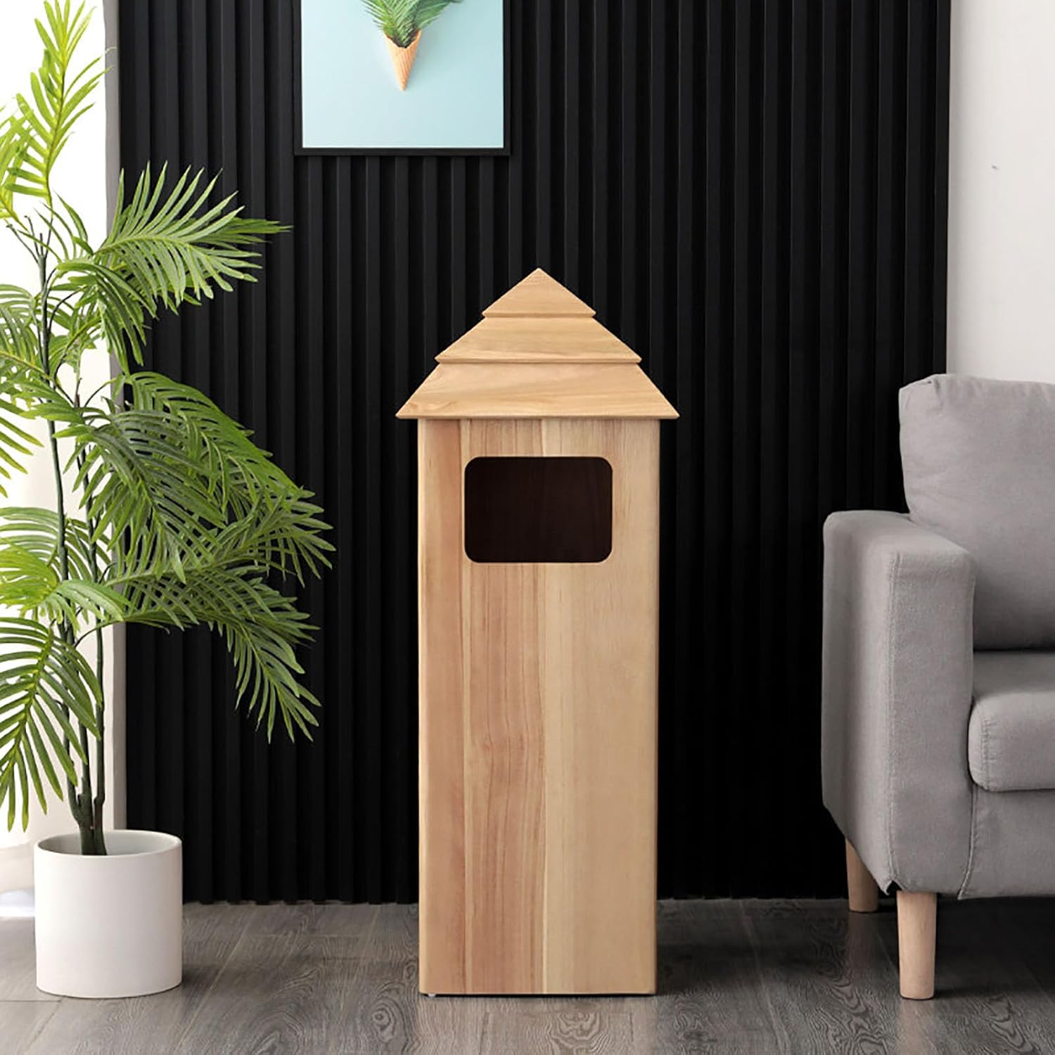SAZDFY 48l Outdoor Trash Can, Large Capacity Commercial Waste Bin with Metal Inner Bucket & Wide Side Opening, Wood Garbage Bin for Park, Garden, Patio, Yard(29x29x93cm(11x11x36), Natural)