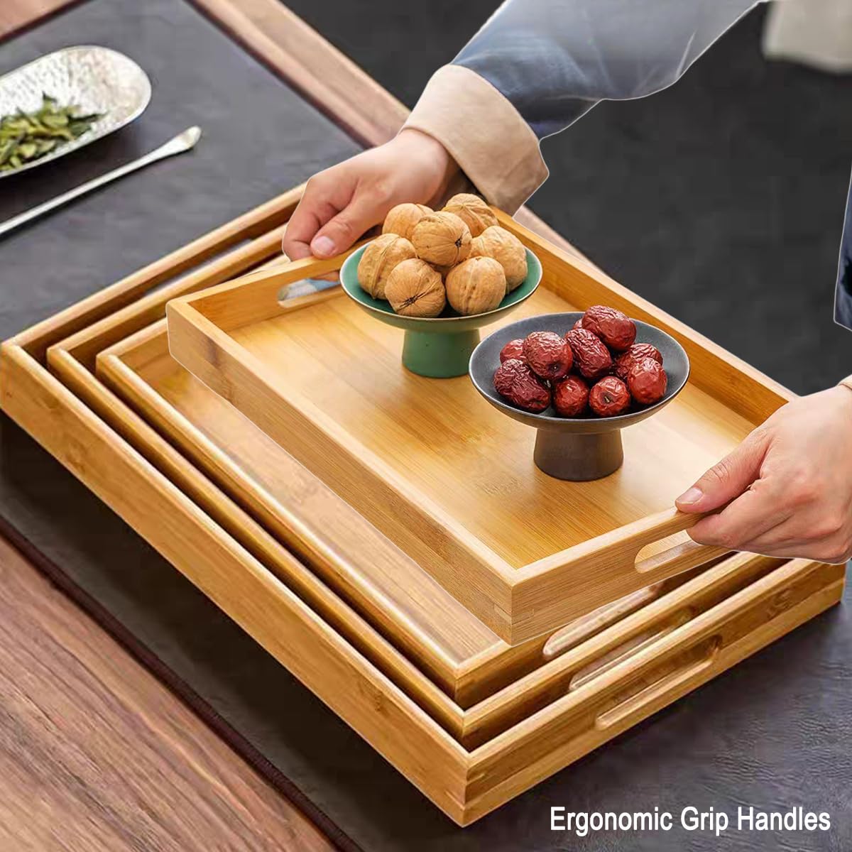 Bandeja de madera maciza, cuadrada antideslizante, para té, café, aperitivos, bandeja para servir con bordes elevados, bandejas de madera de 3 tamaños, bandejas decorativas para fiestas, servir