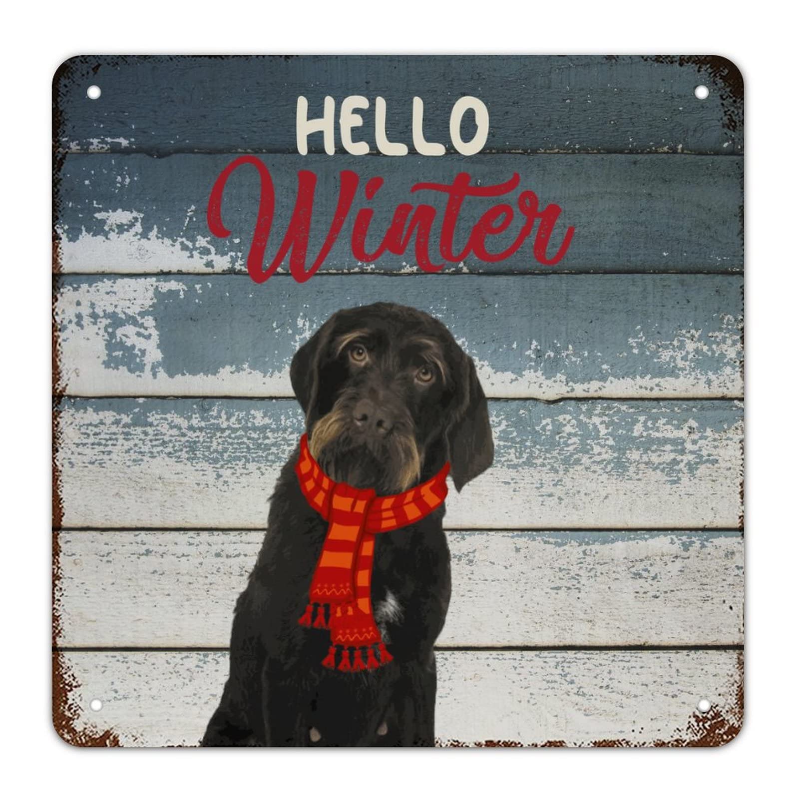 Plaque alu Hello Winter déco rétro de Noël 38cm en métal rigide haute qualité