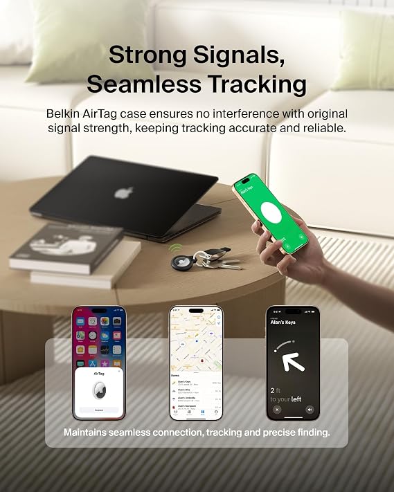 Belkin Apple AirTag Secure Holder with Key Ring - Durable Scratch Resistant Case With Open Face & Raised Edges - Protective AirTag Keychain Accessory For Keys, Pets, Luggage, Backpacks -2 Count Black | Protective AirTag case, open face design, raised edges, key ring, luggage tag, pet collar, backpack, travel accessory