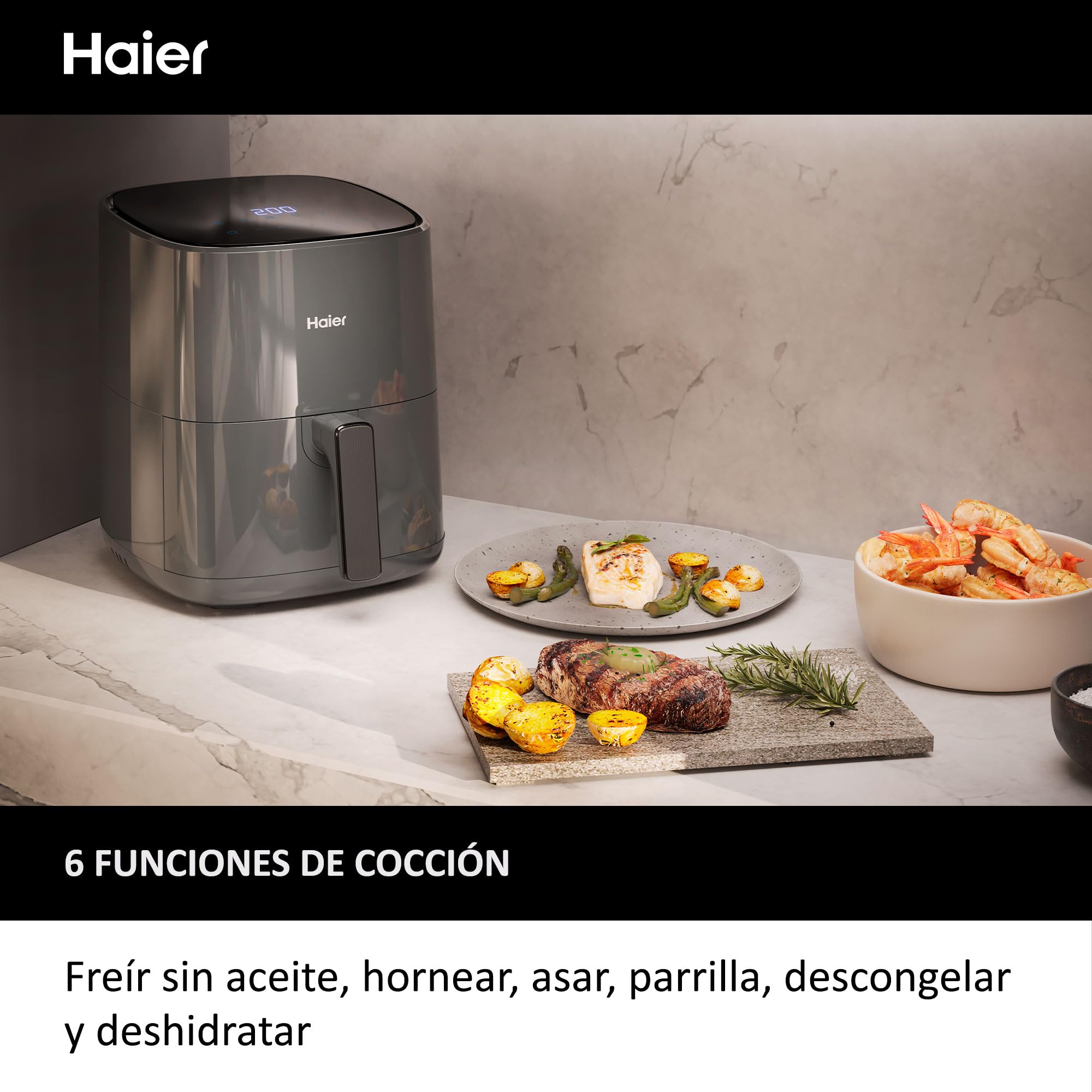 HAIER Freidora de Aire sin Aceite de 5L, Pantalla Táctil, 6 en 1, Air Fryer, Hornear, Asar, Parilla, Deshidratar, Descongelar, para 4 Personas