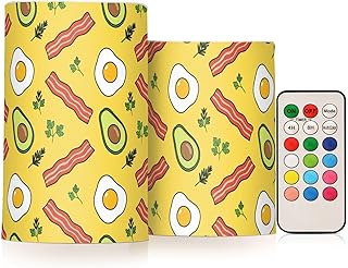 MCHIVER Breakfast Bacon Avocado Yellow Print Flameless Candles with Remote Timer Battery Operated LED Tealight Electric Candles Set of 2 for Wedding Table Fireplace Home Decor