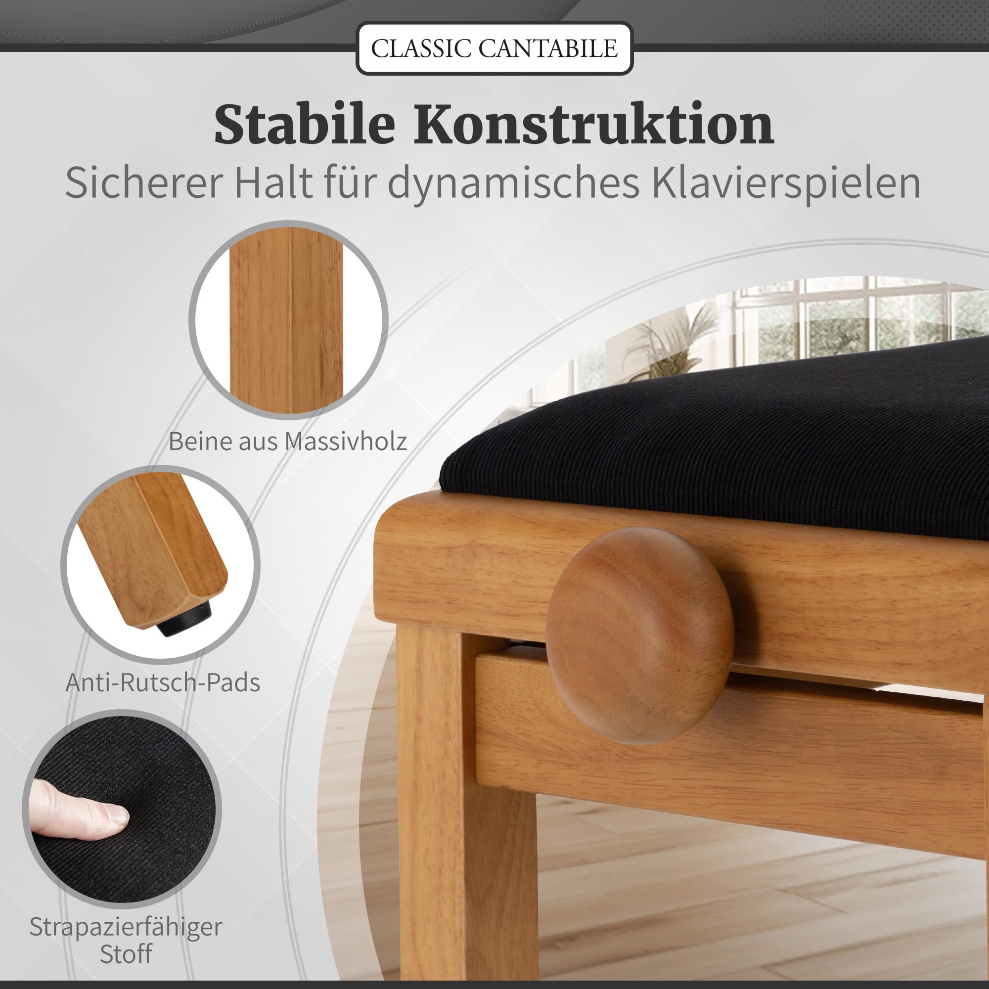 Classic Cantabile Pianobank Eiche-matt (Höhenverstellbar von 47-56cm, Spindelmechanik, Sitzfläche 55 x 32cm, schwarzer Velourbezug, stabil)