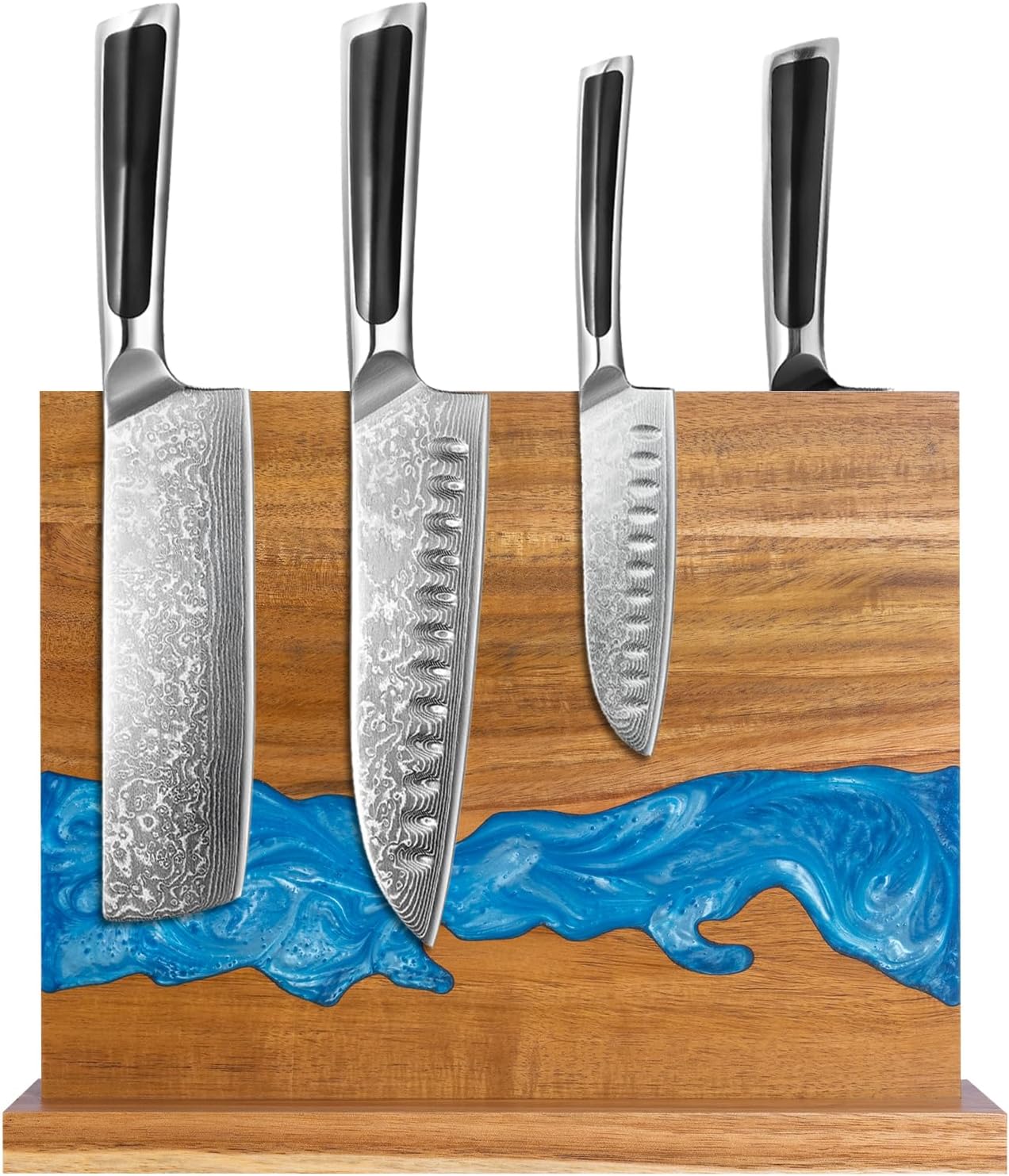 magnetic knife holder - Acacia wood Magnetic Knife Block, Magnetic Knife Storage with double-sided magnetic, blue resin river, 12.59 × 9.84 inches (Without knife)
