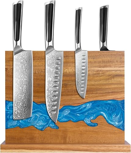 magnetic knife holder - Acacia wood Magnetic Knife Block, Magnetic Knife Storage with double-sided magnetic, blue resin river, 12.59 × 9.84 inches (Without knife)