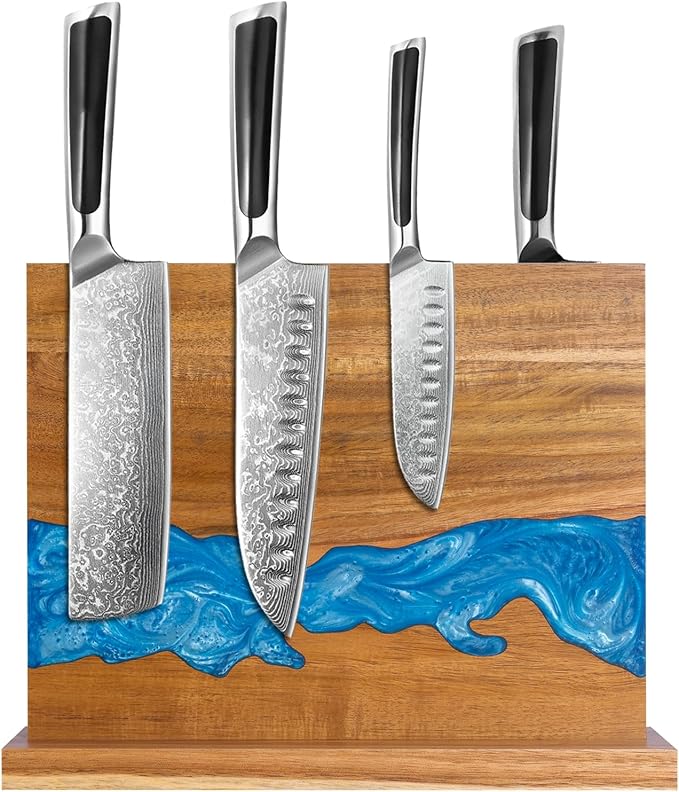 magnetic knife holder - Acacia wood Magnetic Knife Block, Magnetic Knife Storage with double-sided magnetic, blue resin river, 12.59 × 9.84 inches (Without knife)