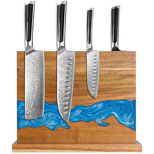 Magnetic Knife Holder - Acacia Wood Blue Resin River Knife Block, Double-Sided Magnetic, 12.59x9.84 inches