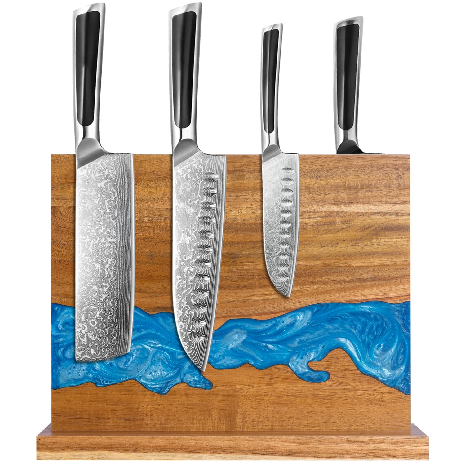 Photo 1 of minyuexia magnetic knife holder - Acacia wood Magnetic Knife Block, Magnetic Knife Storage with double-sided magnetic, blue resin river, 12.59 × 9.84 inches (Without knife)