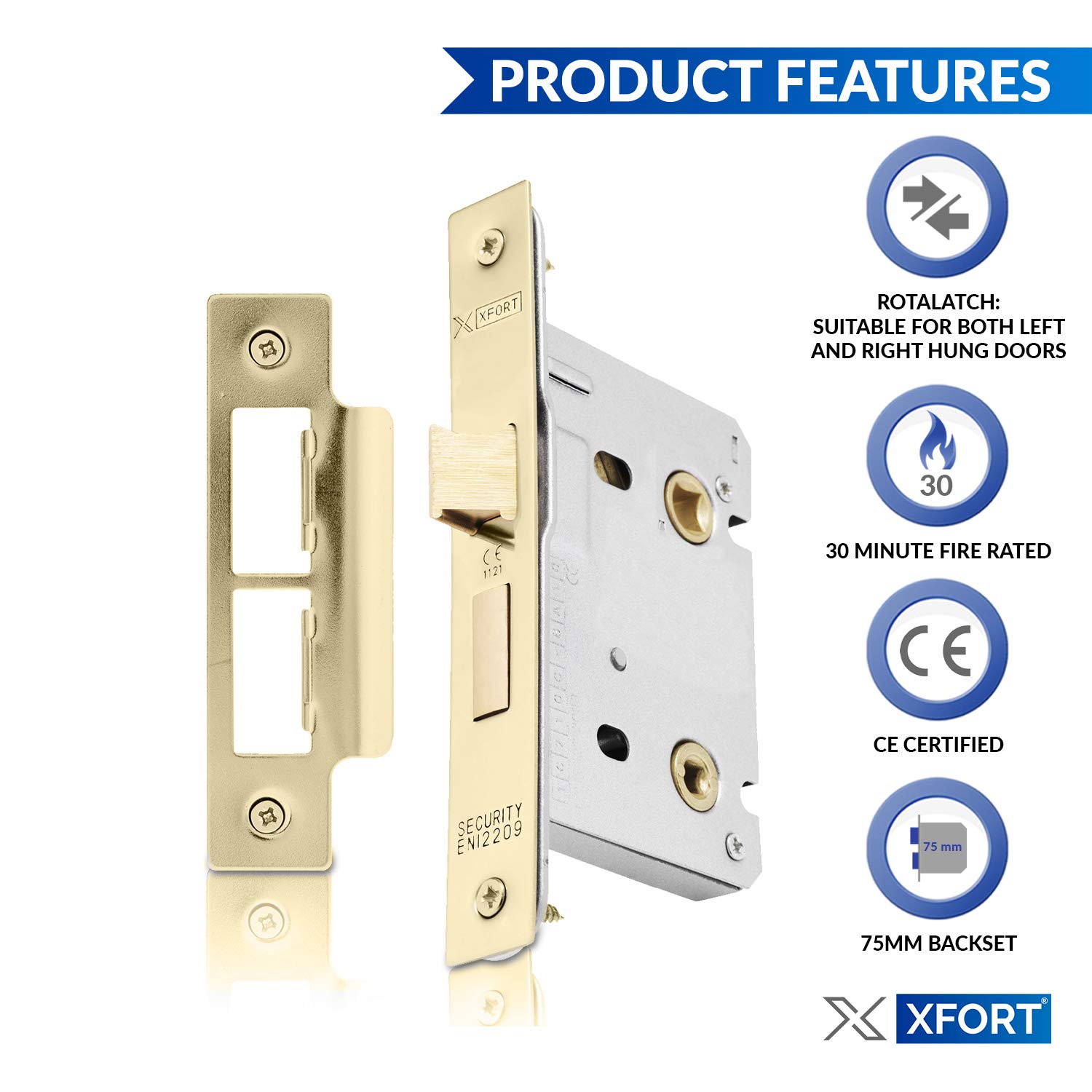 XFORT® Polished Brass Bathroom Lock 75mm for Internal Wooden Doors, Mortice Door Lock for XFORT® Polished Brass Bathroom Lock 75mm for Internal Wooden Doors, Mortice Door Lock for
