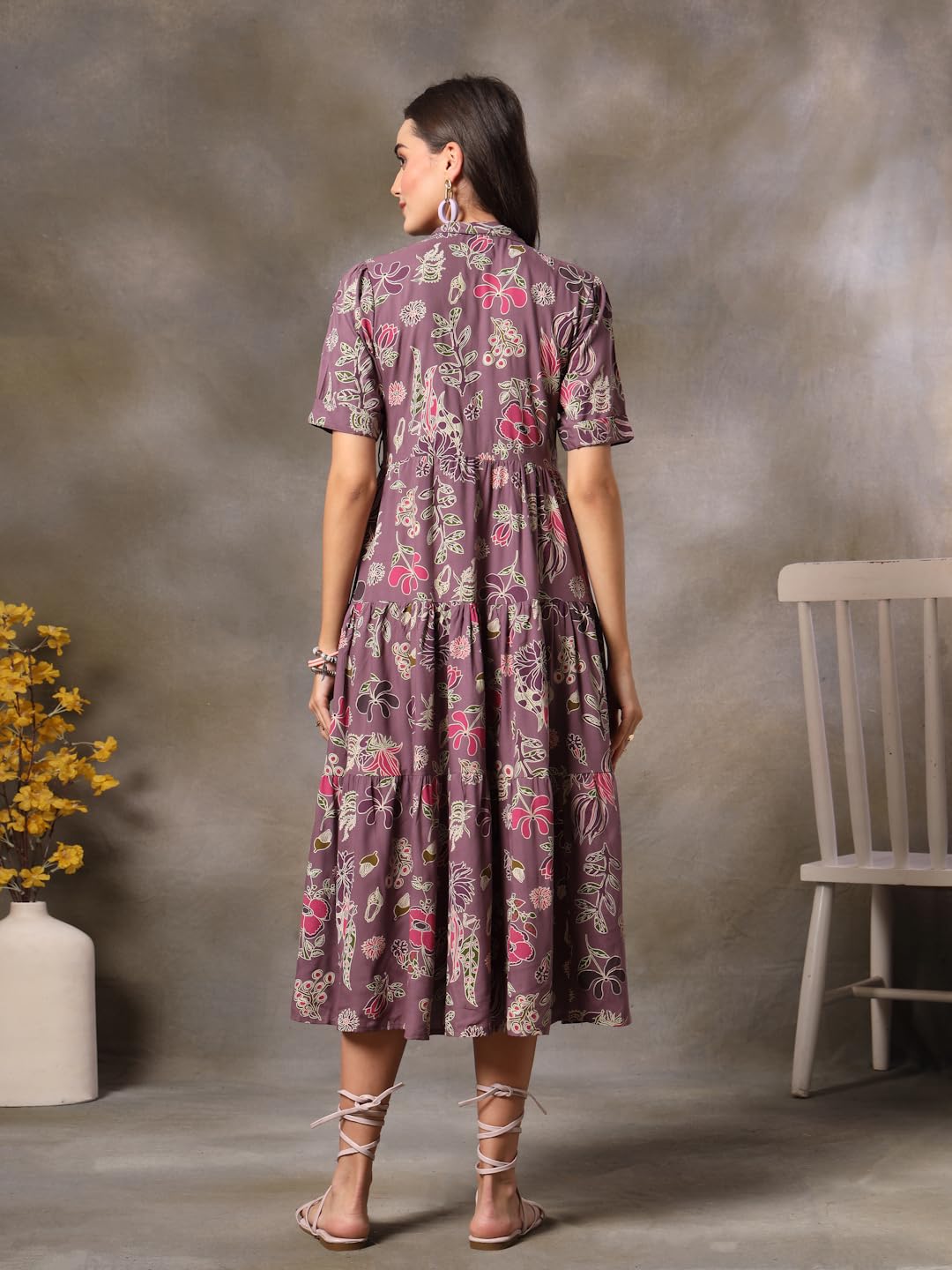 Stylum Women's Tropical Printed Rayon Tiered Dress (Drspurplesomil38_Purple, M)