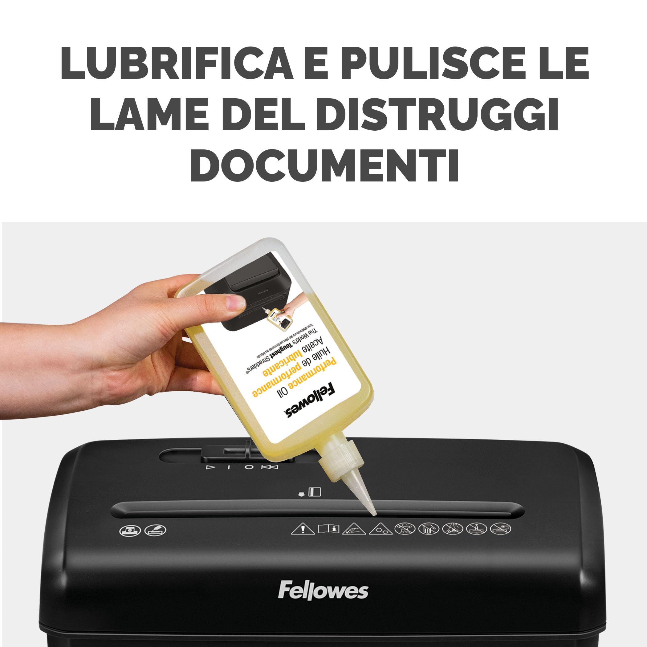 Fellowes Distruggi documenti a frammento FS-6C, 6 fogli, per casa e piccolo ufficio, nero [ESCLUSIVA AMAZON] + Olio per Distruggi Documenti, 355 ml - Olio Lubrificante con Beccuccio