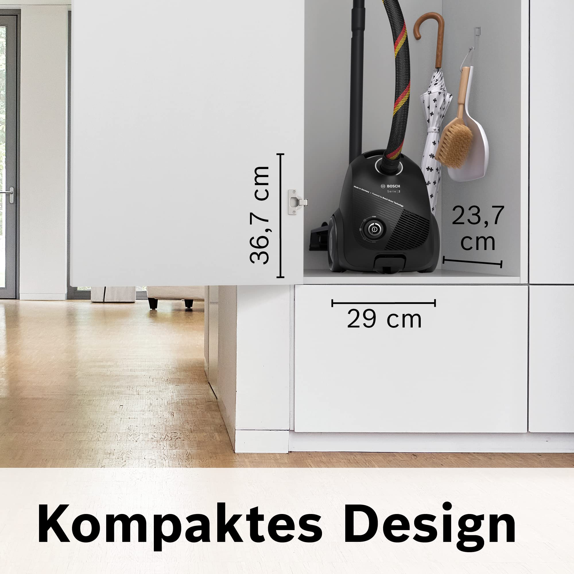 Bosch Staubsauger mit Beutel Serie 2 BGDS2CHAMP, Bodenstaubsauger, nachhaltig, aus Recyclingmaterial, Hygiene-Filter, 10 Jahre Motorgarantie, kompakt, leistungsstark, Made in Germany, 600 W, schwarz