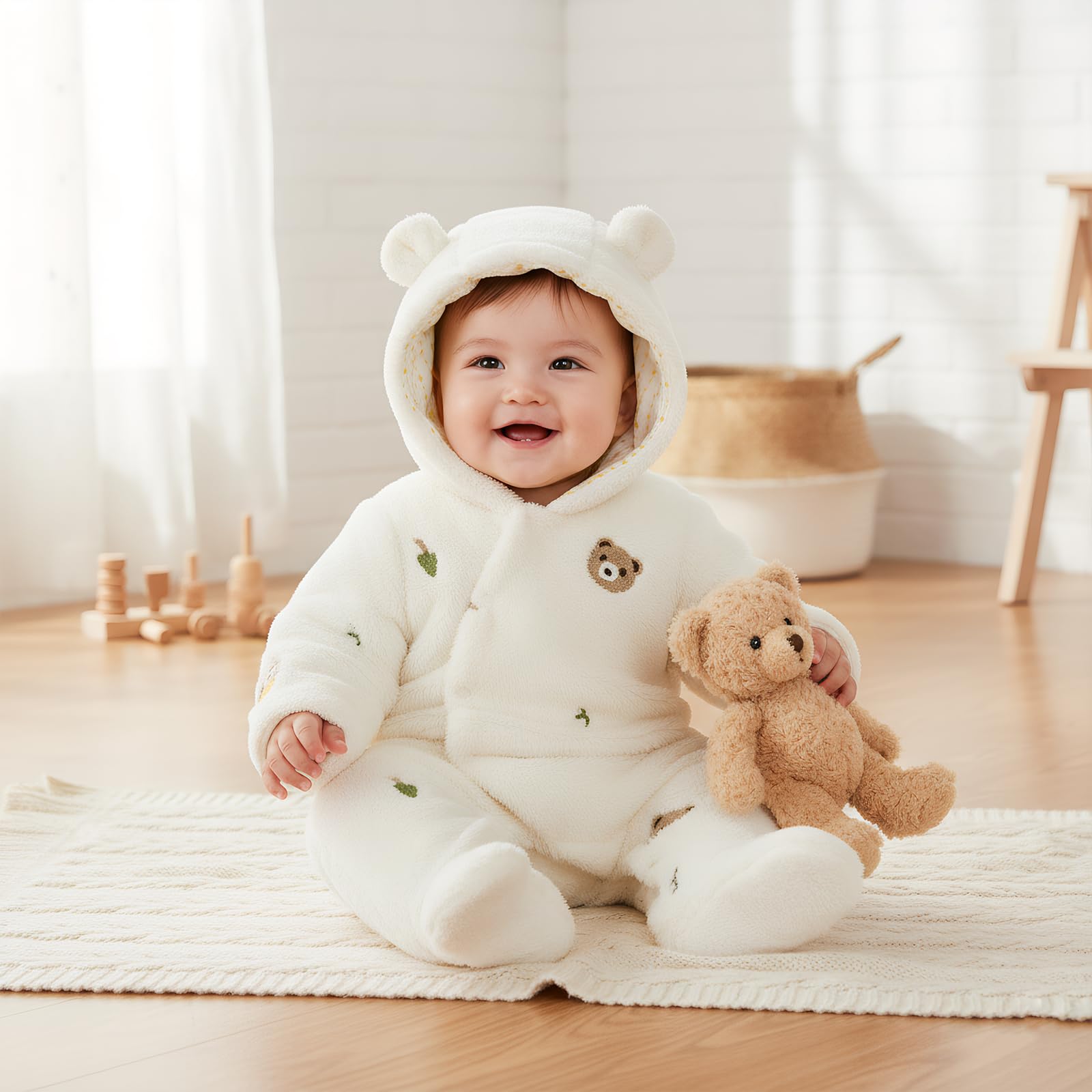 WYTbaby Combinaison de neige d'hiver pour bébé - Avec pieds - En polaire - Avec capuche - Pour nouveau-né de 0 à 12 mois