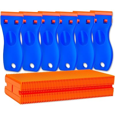 Plastic Razor Blade Scraper Tool, 6 Pcs Razor Scraper with 60 Pcs Plastic Blades, Cleaning Scraper Remover for Removal Floor Stove Scraping Labels and Decals Sticker on Car Window Glass