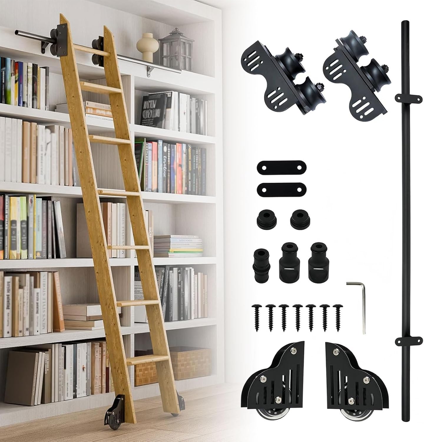 100cm-720cm Rolling Ladder Track Bracket, Retractable Sliding Library Ladders Hardware Kit (no ladders), Steel Round Tube Mobile Ladder Track/Rail, Black(13ft/400cm Track kit)