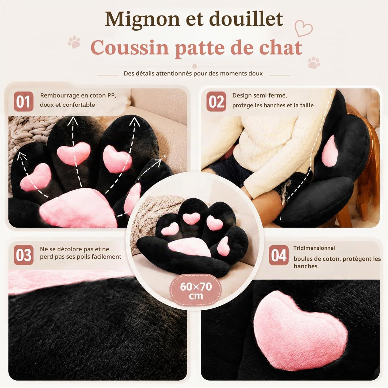 Coussin de Chaise de Patte de Chat, Coussin en Peluche en Forme de Patte Mignonne, Coussin Doux et Chaud pour Fauteuil de Bureau de Chambre à Coucher 70X60cm (Noir)