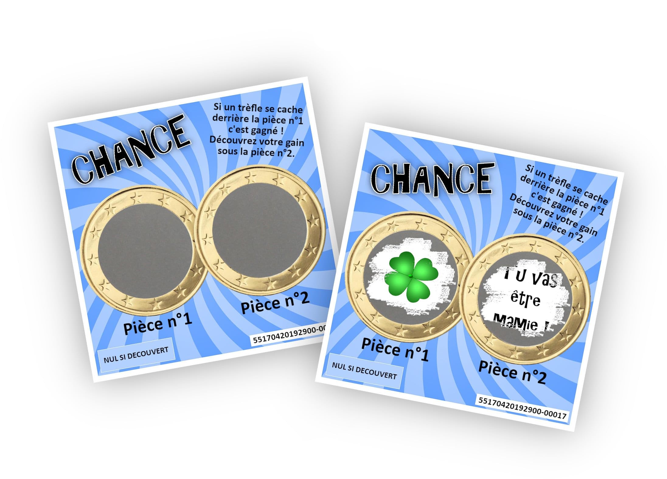 Carte à gratter personnalisable - Message au choix - Annonce originale grossesse ou événement - Modèle ticket de jeu Chance (Bleu)
