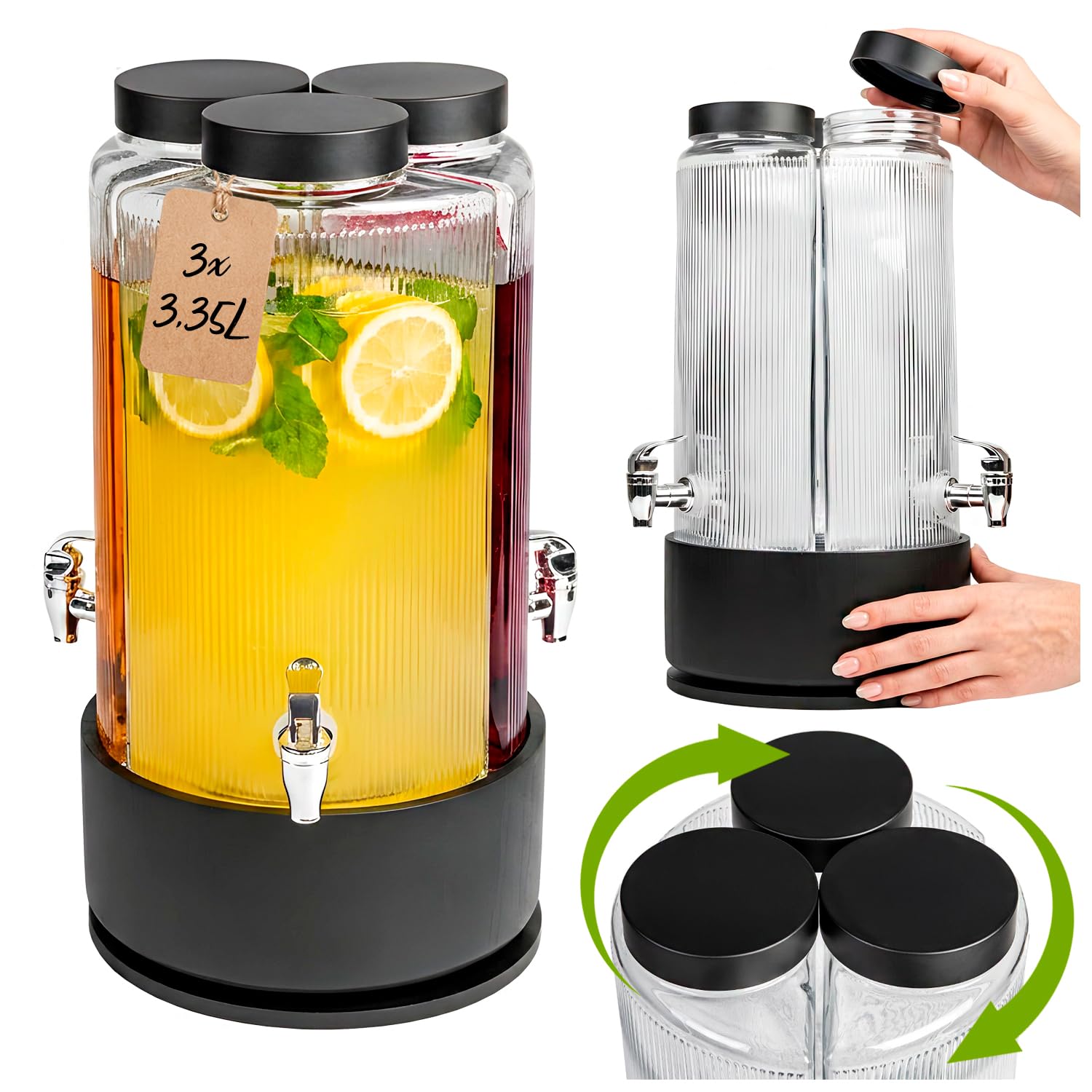 Juego de 3 dispensadores de bebidas de 3,35 L con soporte de metal y grifo (3 x 3,5 L, grifo de acero negro)