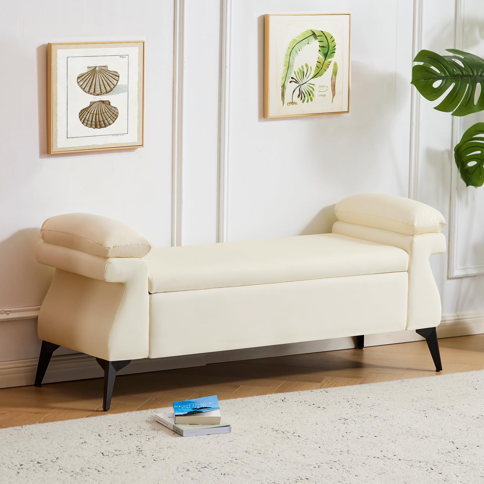 Panca Contenitore Camera da Letto 128x44x53cm, Panca Fondo Letto Matrimoniale, Cassapanca Pouf Organizzatore Ottomano in Pelle PU per Camera da Letto Soggiorno Ingresso, Beige