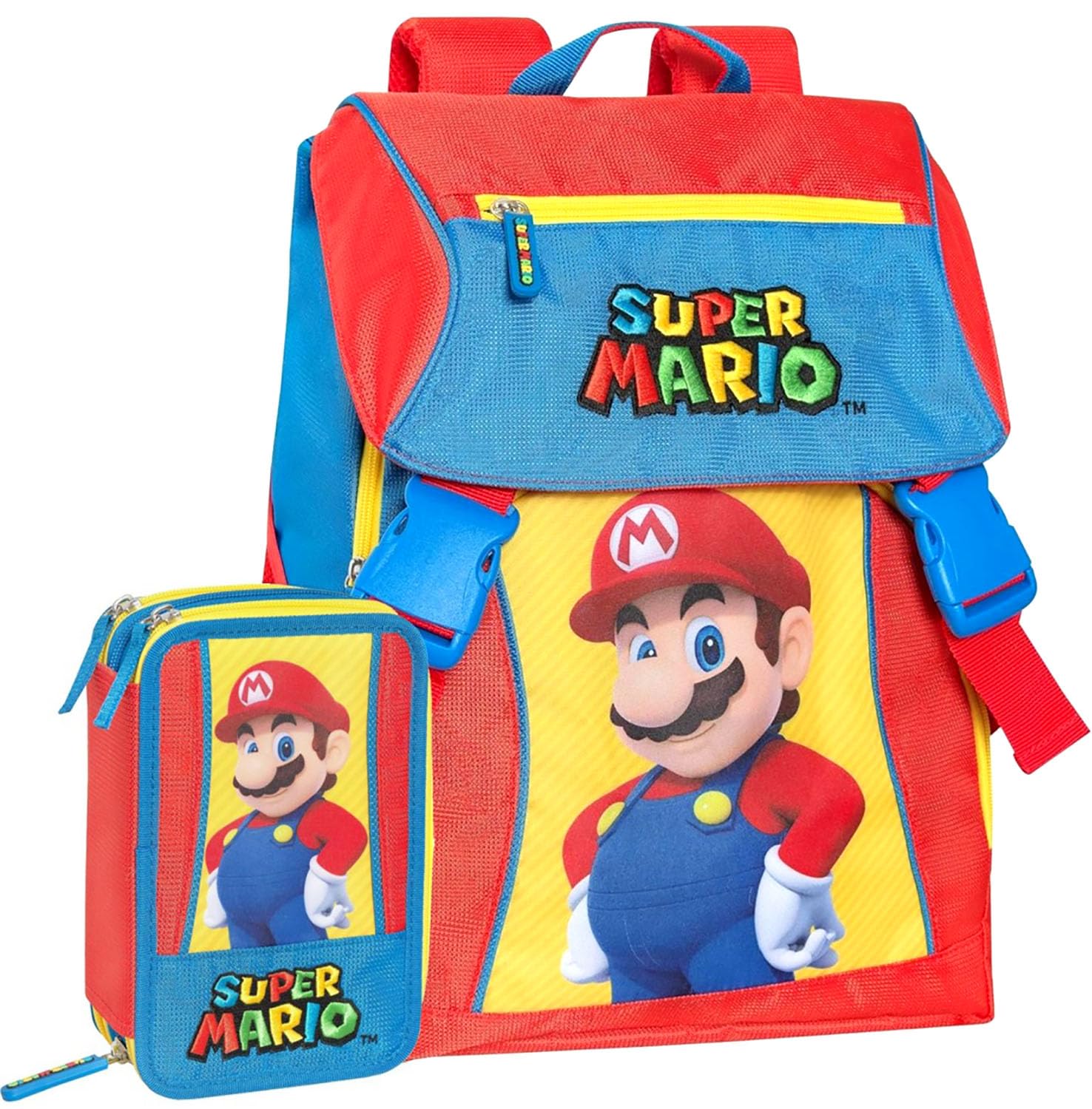 Clondo Schoolpack Zaino Estensibile con Astuccio 3 Scomparti, Per Super Mario Fan, Scuola e Tempo Libero, Bambini e Ragazzi, Multizip, Pennarelli, Pastelli, Accessori, Bambino