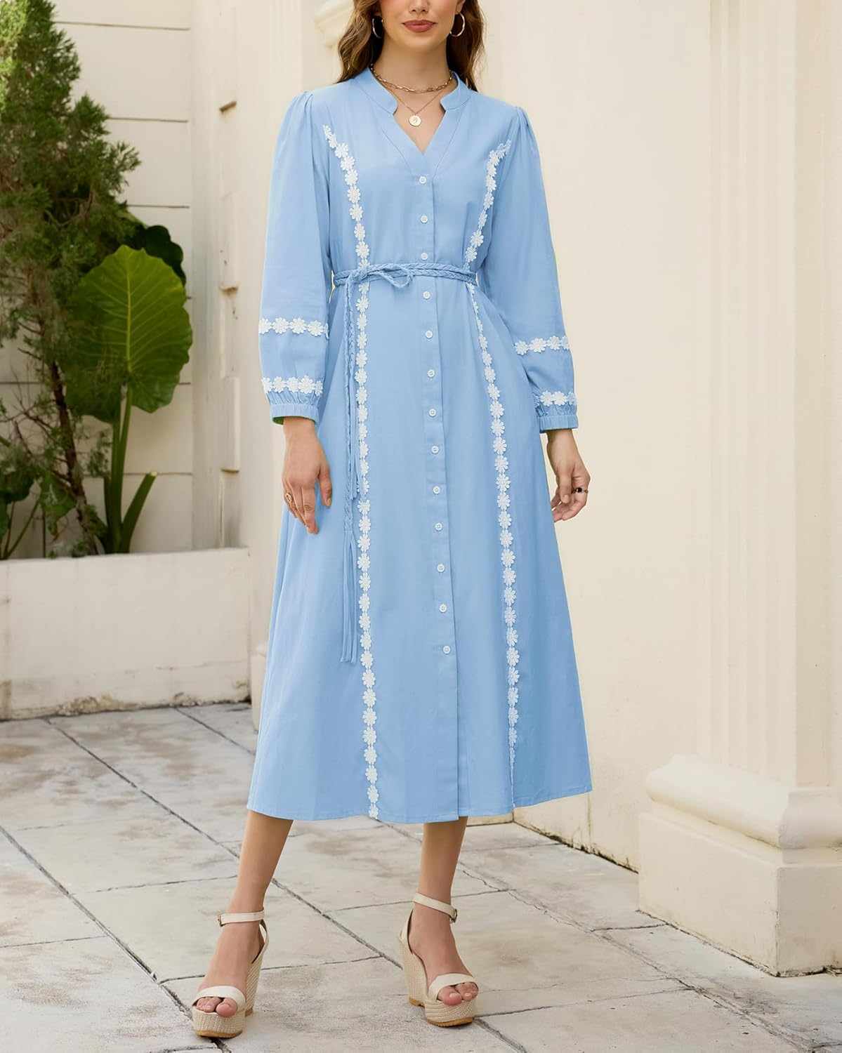 Women Button Down Maxi Dresses V Neck 3/4 Sleeve Lace Trim Kaftan Dress Fall Belted Long Shirt Dresses - Image 3
