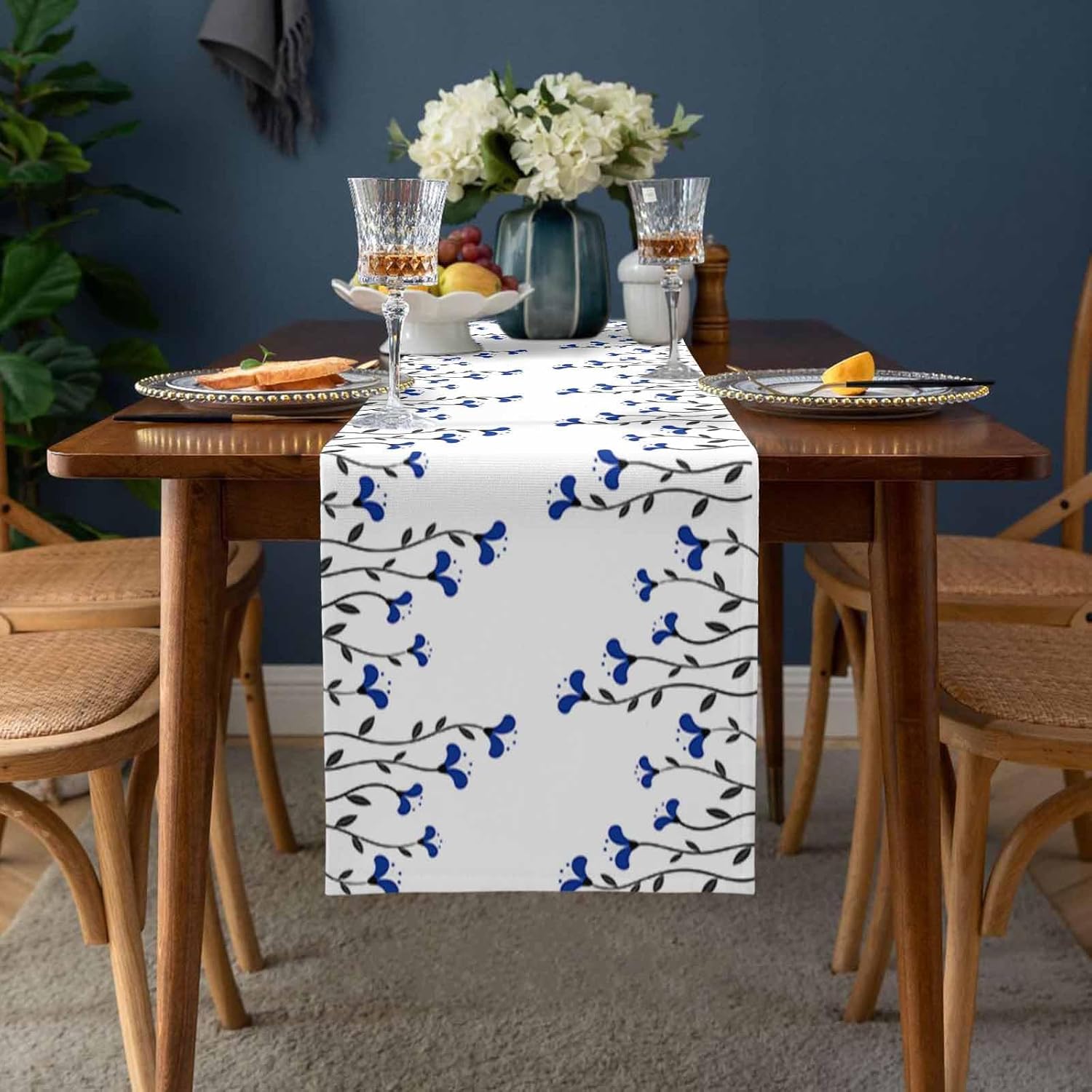 Geometric Navy Blue Flower on White Table Runners Dresser Scarves,Non-Slip Rectangular Tabletop Runner Garden Floral Art Dining Tables Dress Scarf for Kitchen Decor 13x90in