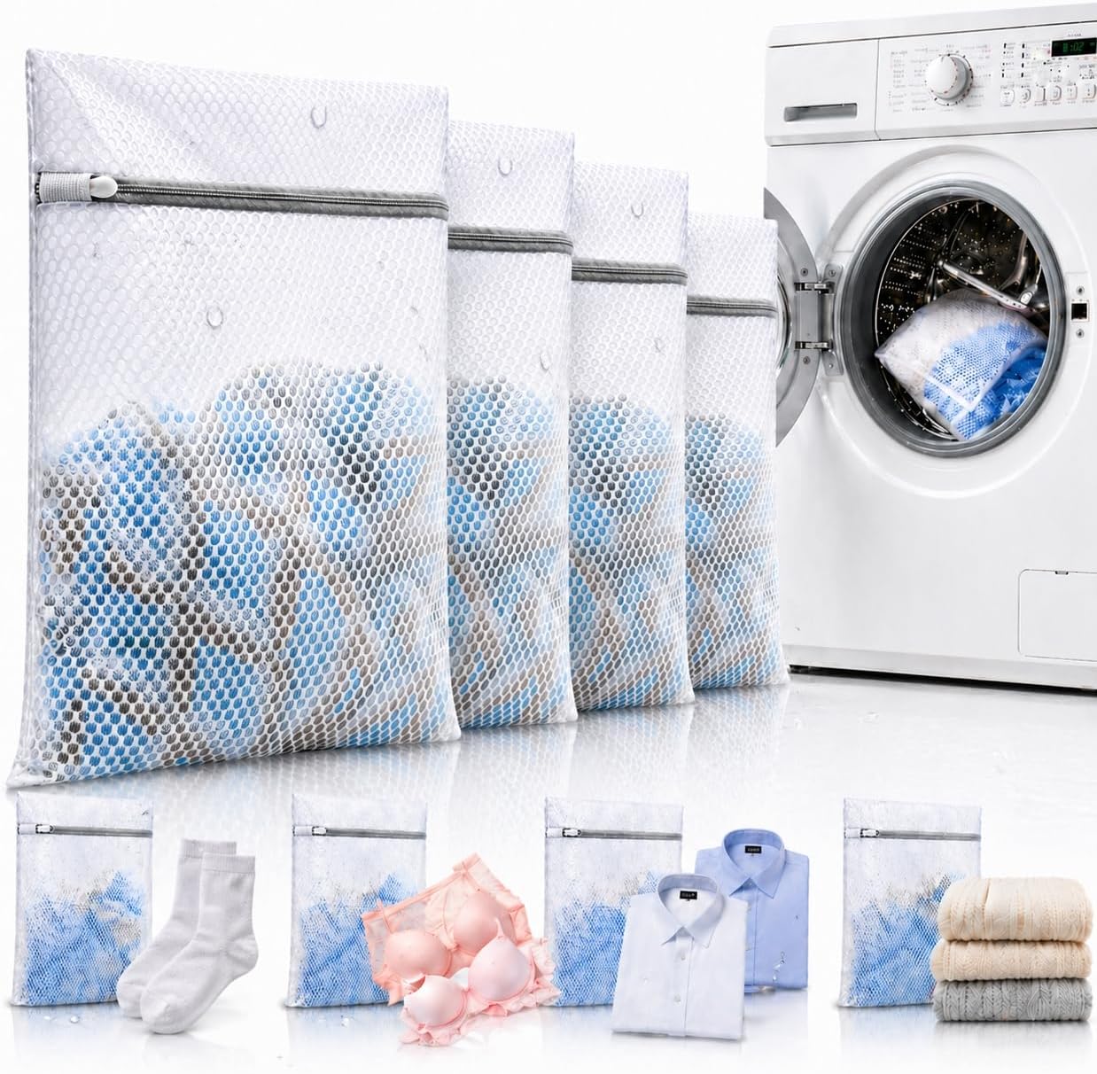 4-Pack Laundry Bags, 40cm Mesh Wash Bags for Delicates & Clothes, Zippered Laundry Organizer Bags for Washing Machine, Soft, Durable & Reusable (White)