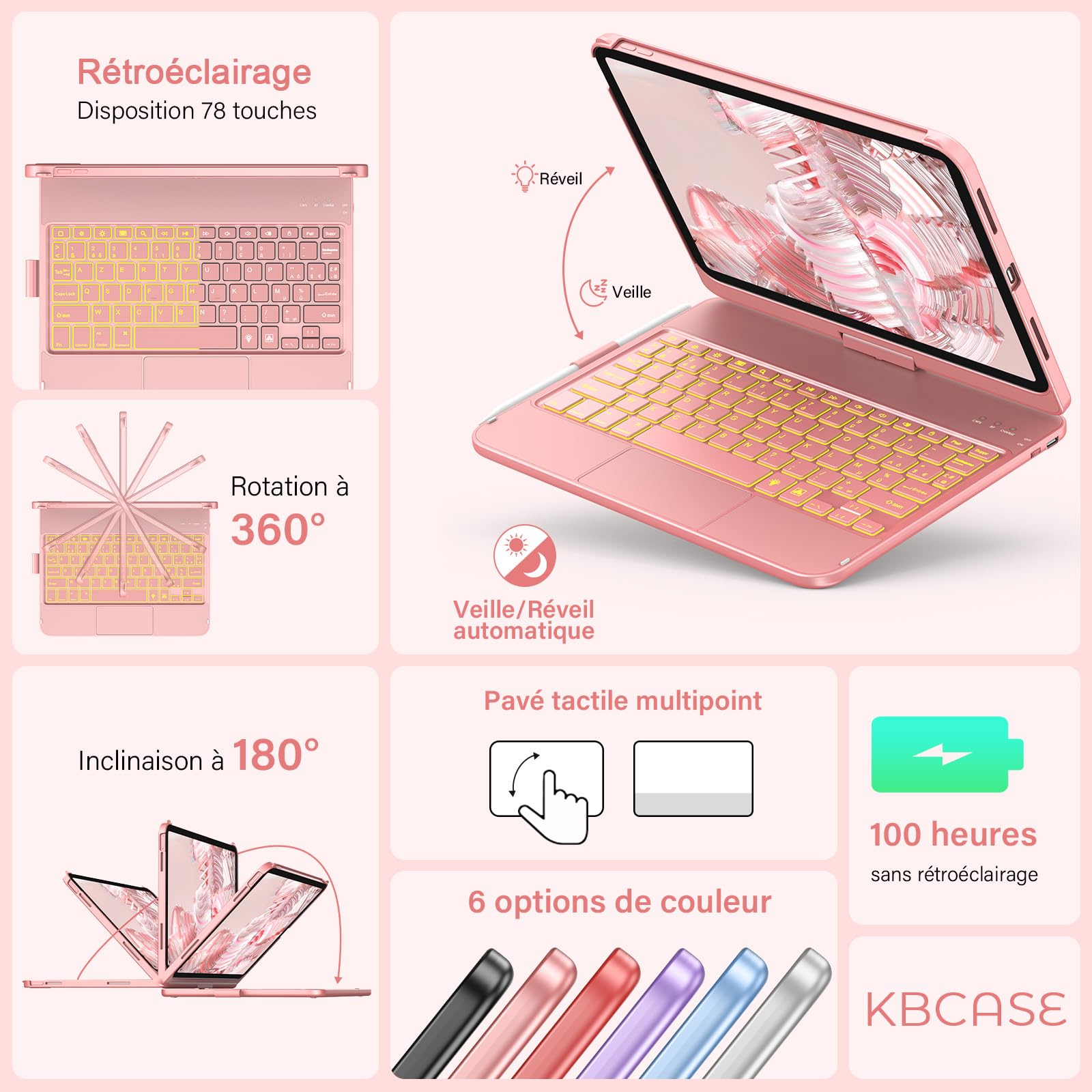KBCASE Clavier pour iPad A16 11/10 Ème Generation avec Pavé Tactile (11 Pouces 2025/10.9 Pouces 2022), 360° Rotatif, 7 Couleurs Rétroéclairées avec Porte Crayon, AZERTY pour iPad 10eme/11eme, Or Rose