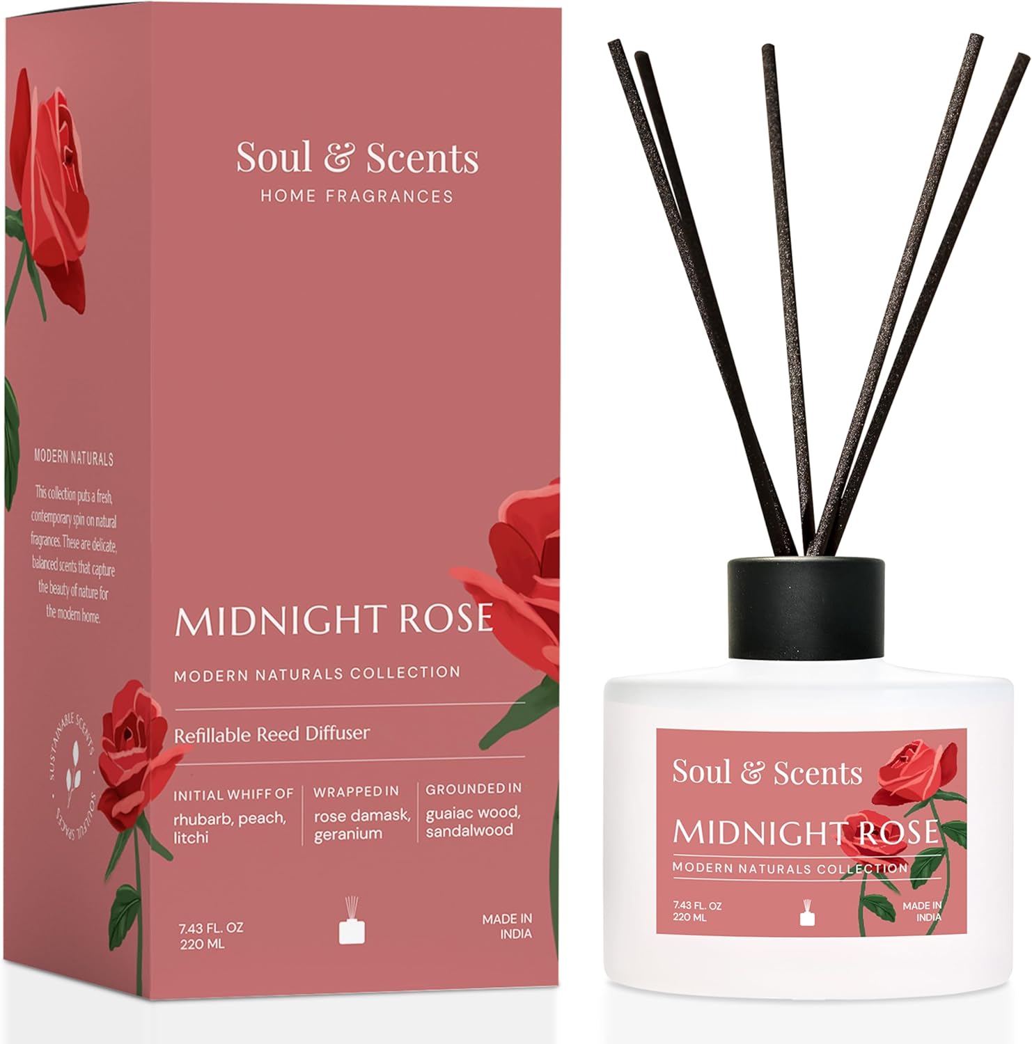 Soul & Scents Reed Diffuser Set – Midnight Rose | 7.43 oz Refillable Scented Oil with 6 Fiber Sticks | Long-Lasting Home Fragrance & Air Freshener for Bedroom, Bathroom, Office | Gift & Décor Piece