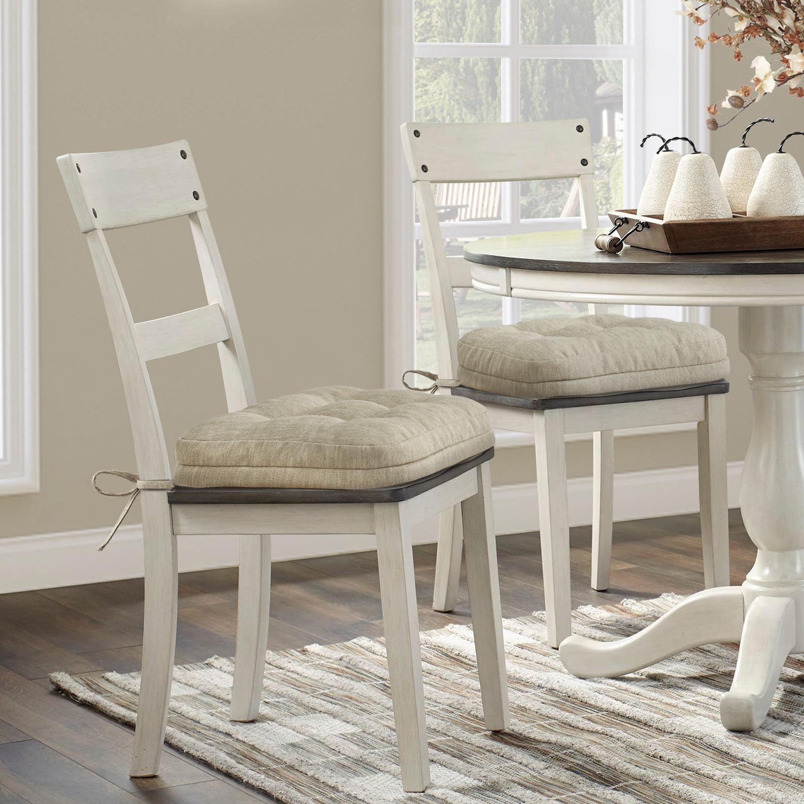 Shinnwa Cojines para sillas de Comedor, 4 Unidades, Cojines de Espuma viscoelástica para Asiento de Cocina, Antideslizantes, con Lazos, 16.5 x 16.5 x 3.5 Pulgadas, Beige, Juego de 4