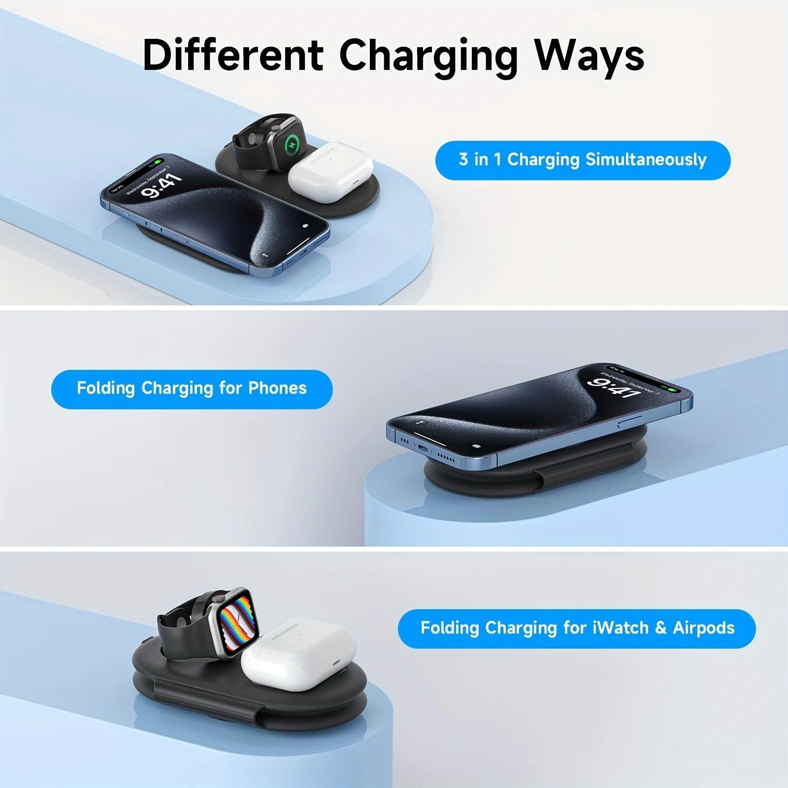 3 in 1 Foldable Wireless Charging Station for Apple Multiple Devices, Portable Travel Magnetic Charger Pad for iPhone 16/15/14/13/12 Series,iWatch 2-9/Ultra,AirPods 2/3/Pro (with Adapter)