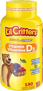 L'il Critters Gélifiés de Vitamine D3 pour Enfants - Dose Quotidienne de 800 UI de Vitamine D3, Aide à Soutenir la Santé Osseuse, Saveurs Naturellement Sourced, Approvisionnement de 3 Mois - 190 Compte