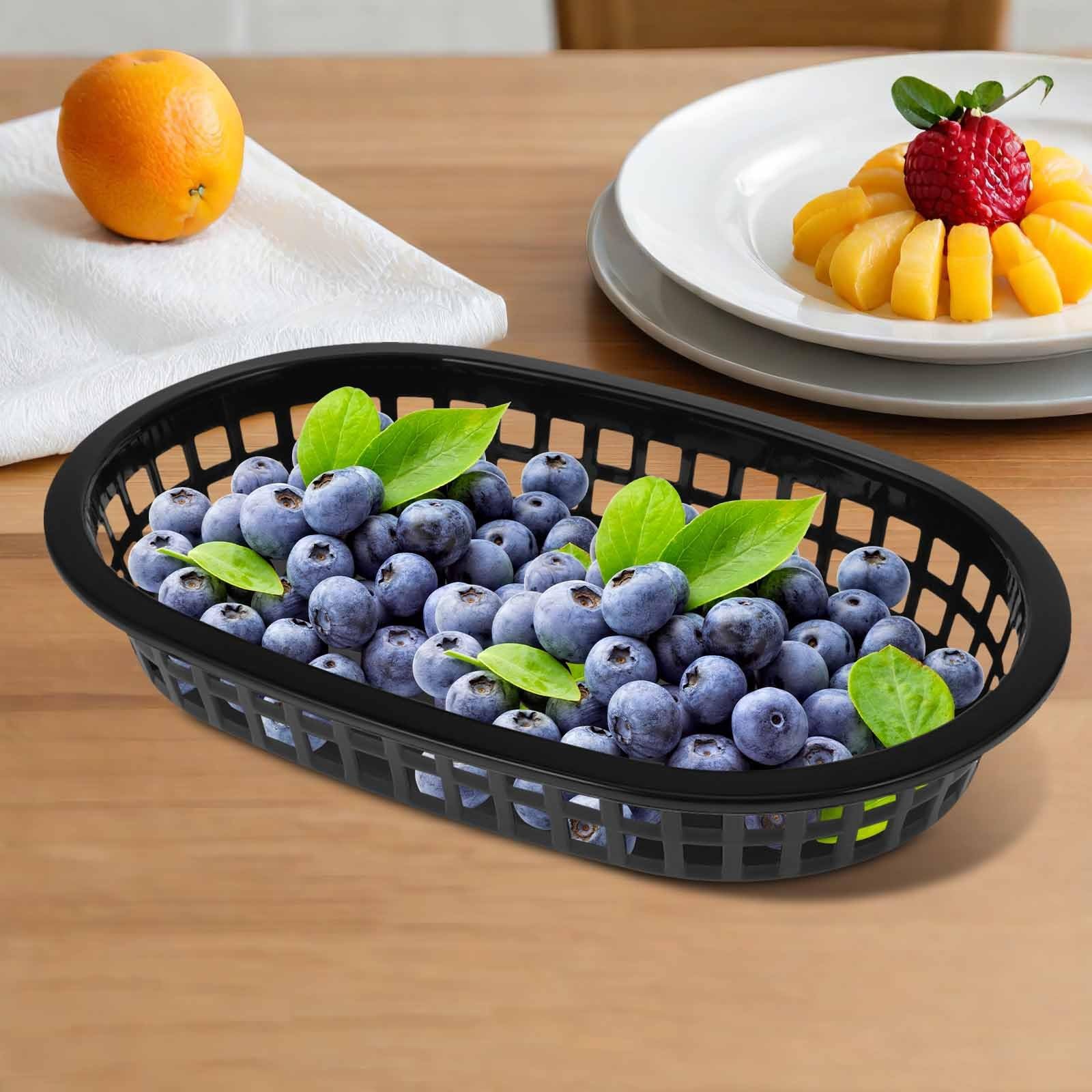DOITOOL Lot De 12 Paniers De Restauration Rapide Noirs - Corbeille à Pain Ovale En Plastique RéUtilisable 23cm - Plateau Pour Burger Frites Hot Dog Sandwich Fruit Sweets - Accessoires Service Bbq